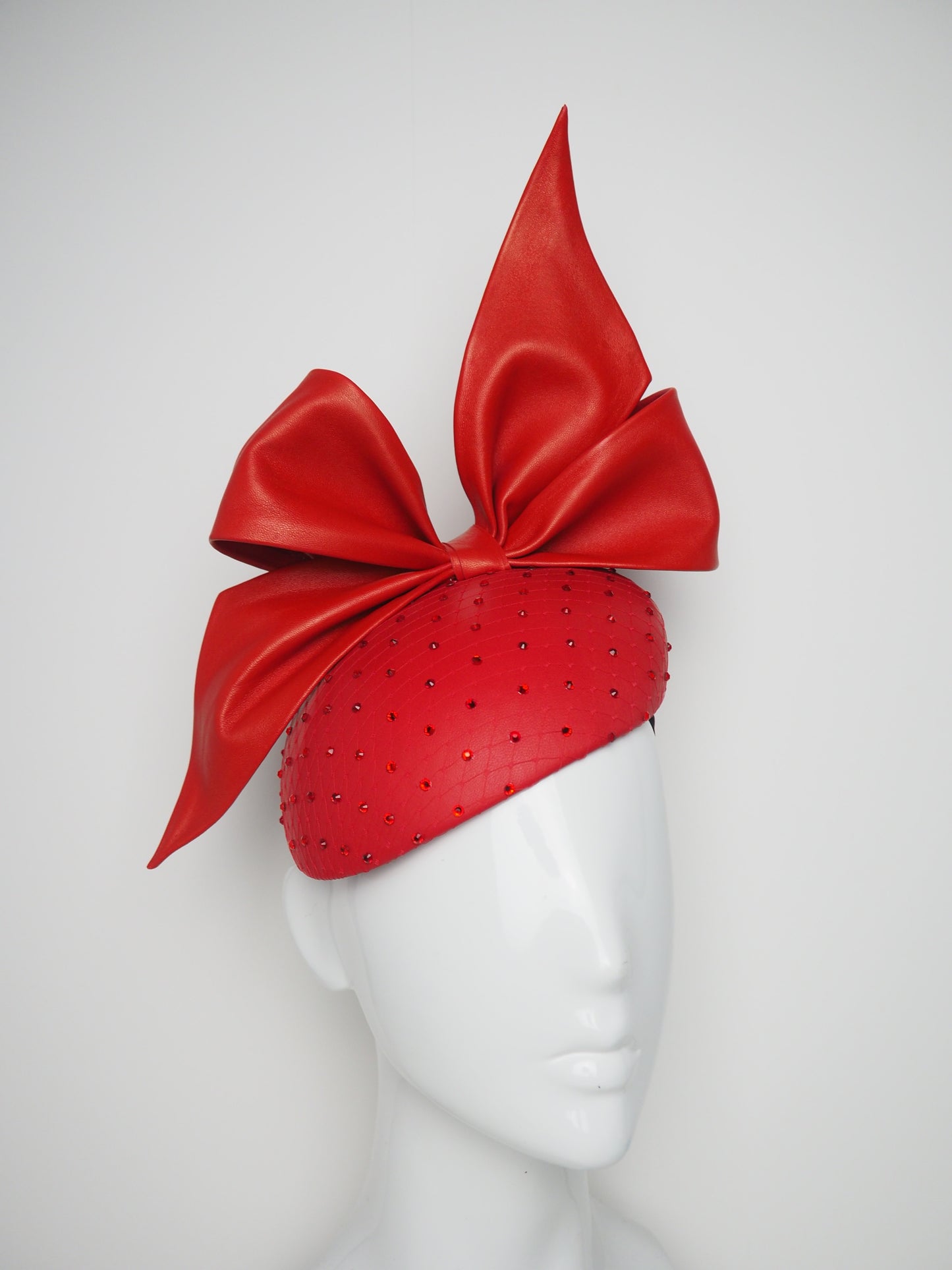 Sparkle Bowie - Shades of red leather on a diamanté veil face hugger beret base