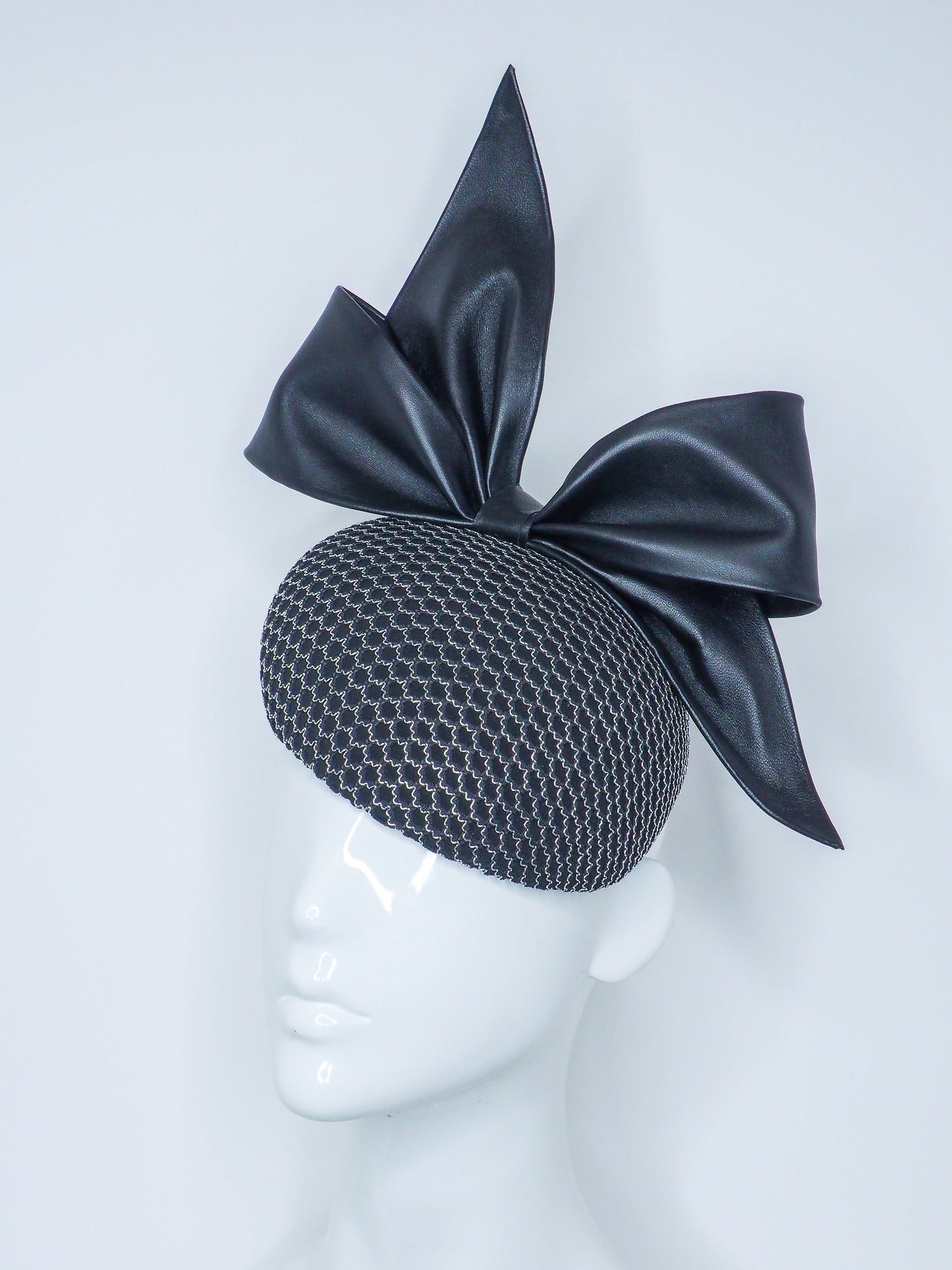 Bowie - Black Leather bow with textured silver and black mesh base