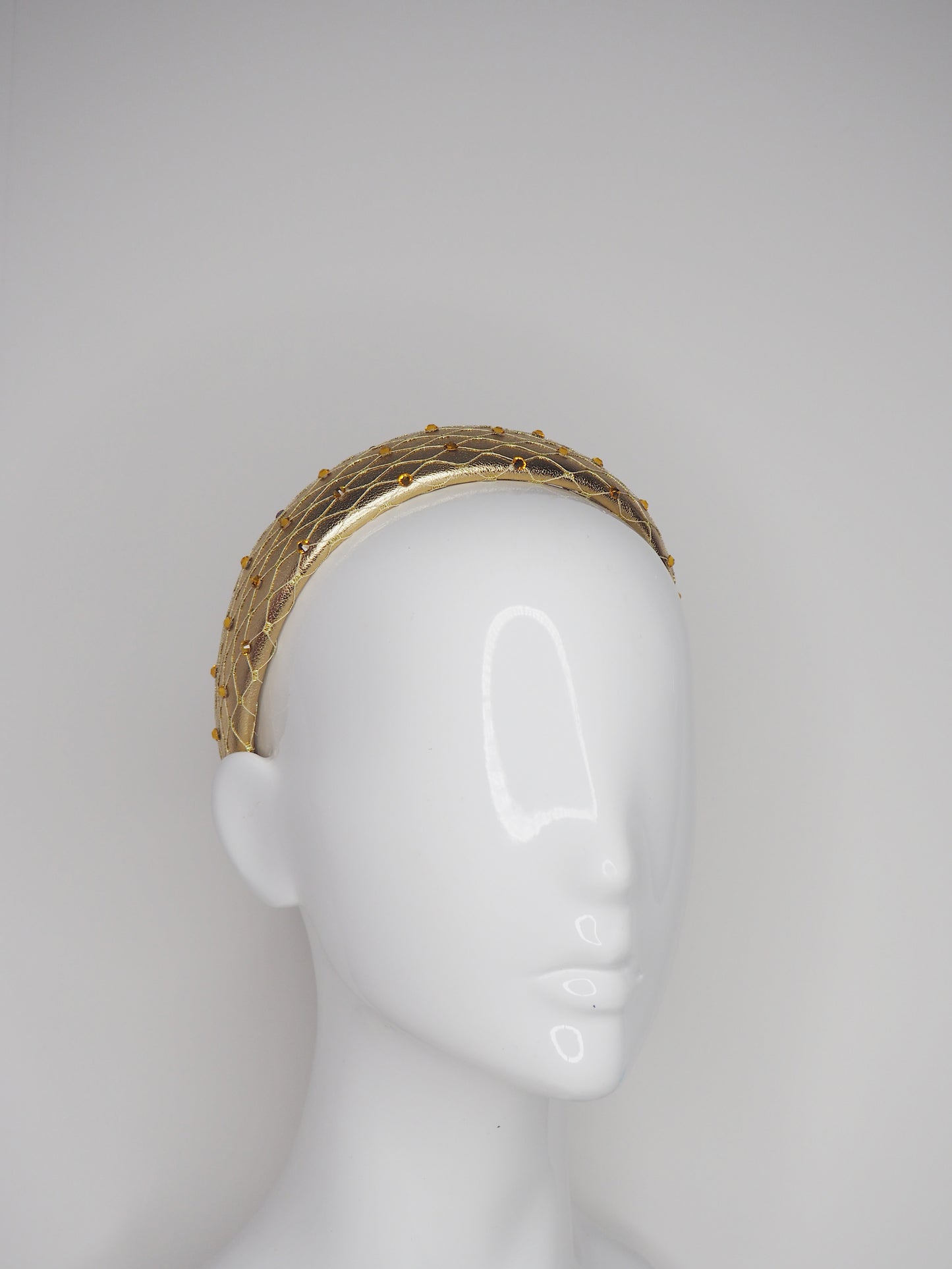 Zoe Sparkle - Leather padded headband with veil and Crystal Detial - Gold
