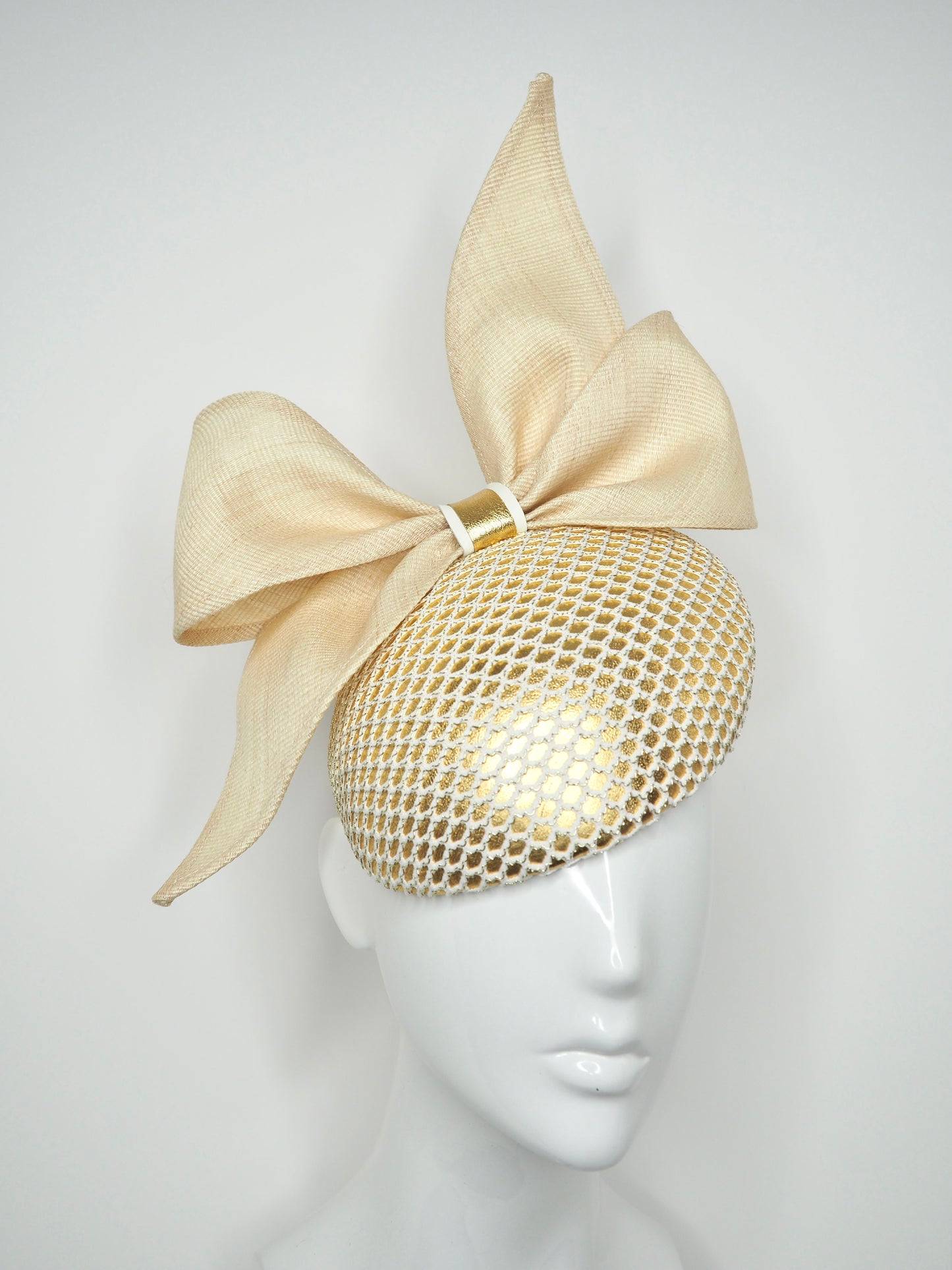 Golden Bowie - Natural Tinalak Straw Bow with textured off white and gold mesh with gold leather base