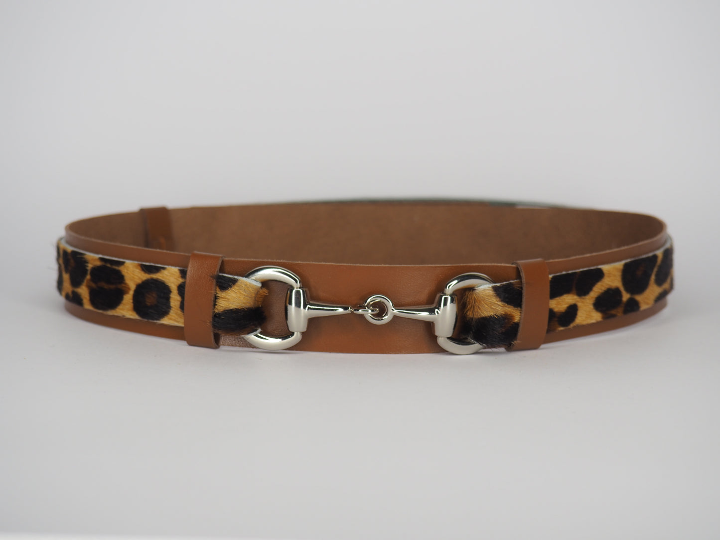 Adjustable whiskey Kangaroo Tan Leather Hat Band -Small golden Leopard Print with Silver Horse Bit Hardware