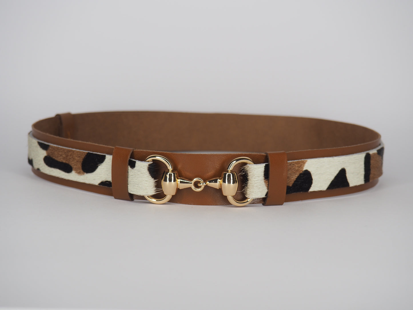 Adjustable Tan Leather Hat Band -Snow Leopard Print with Gold Horse Bit Hardware