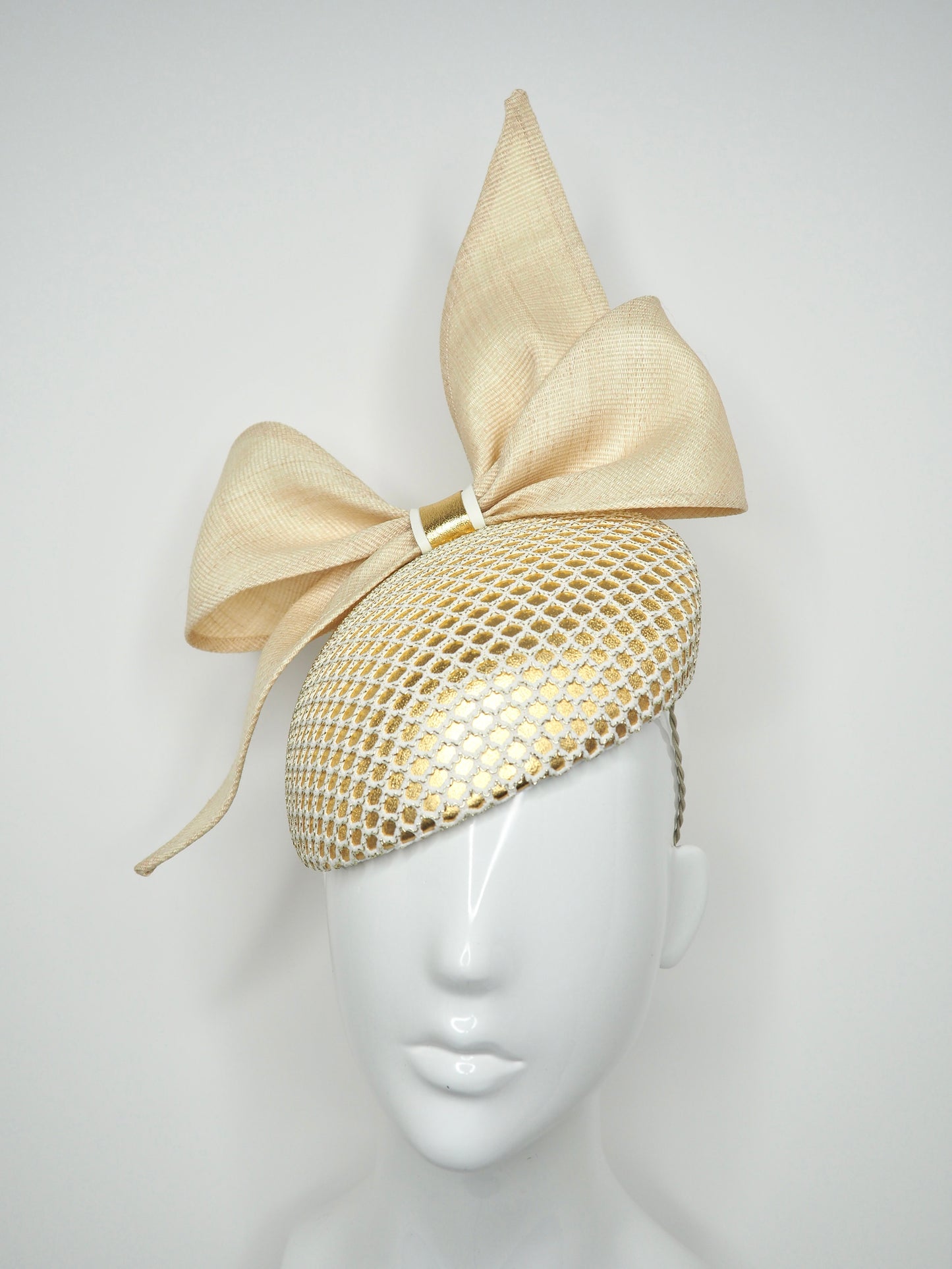 Golden Bowie - Natural Tinalak Straw Bow with textured off white and gold mesh with gold leather base