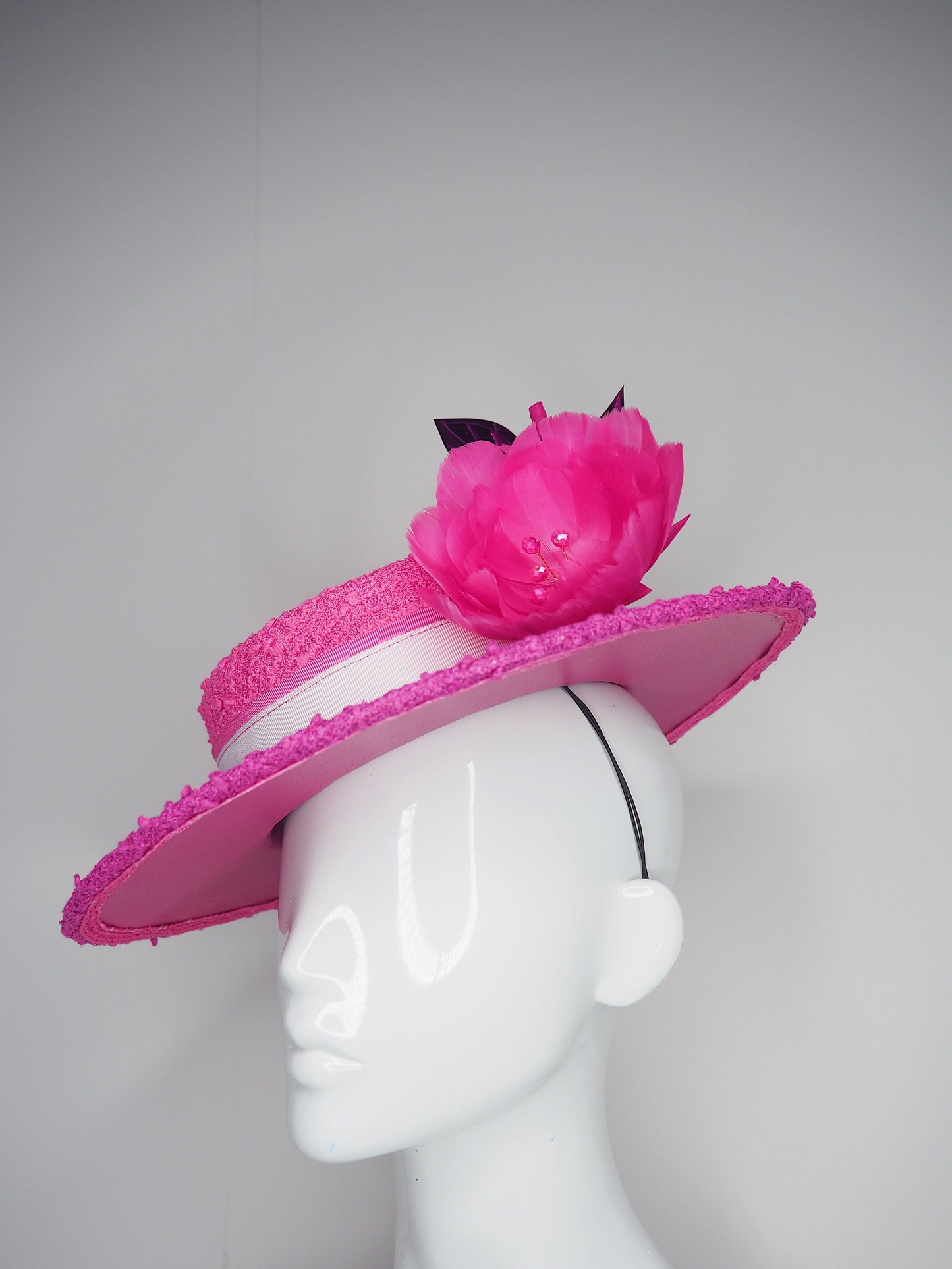 Pretty as a picture - Pink and Magenta Dyed Boucle Boater with removable feather flower.