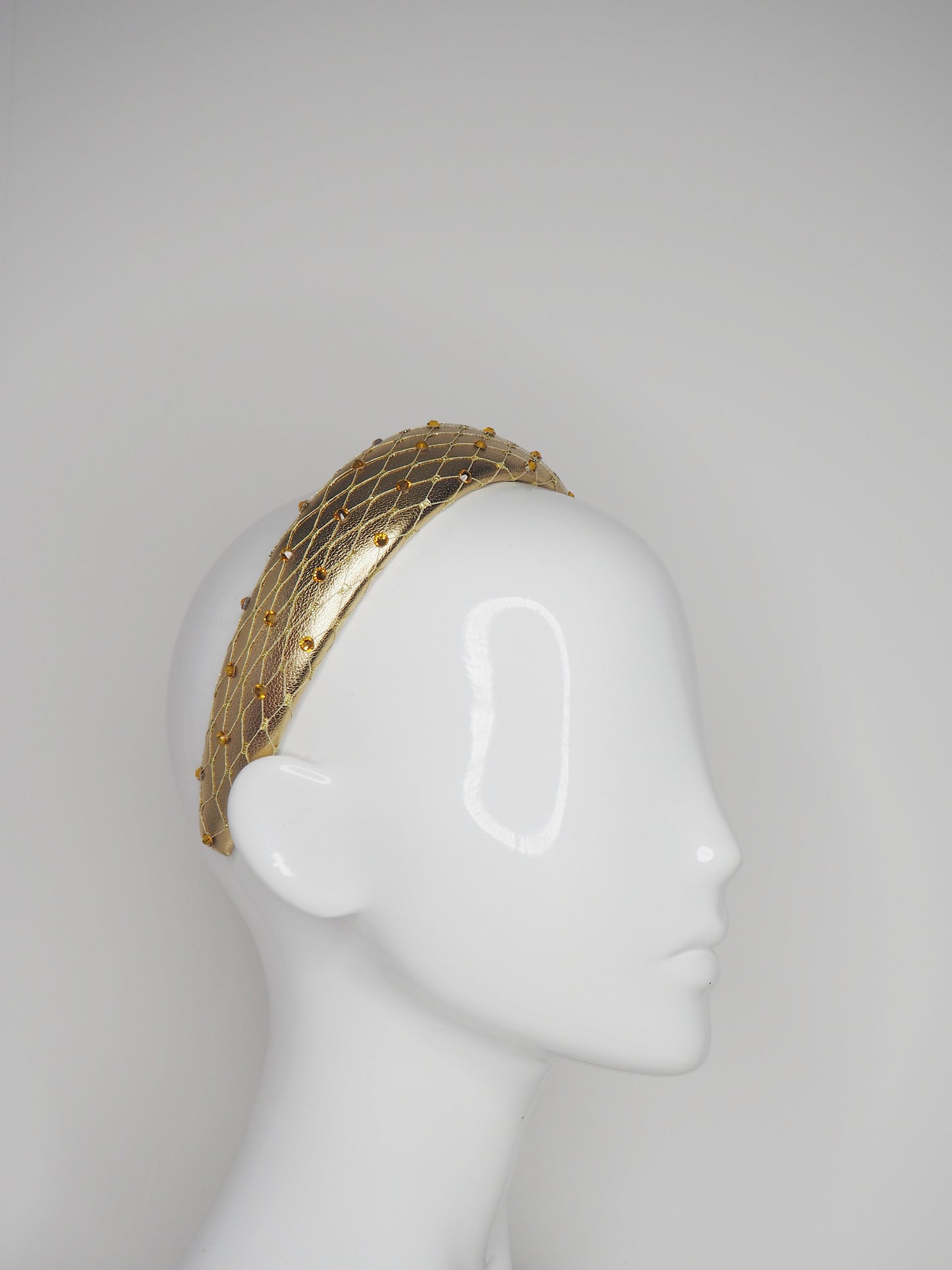 Zoe Sparkle - Leather padded headband with veil and Crystal Detial - Gold