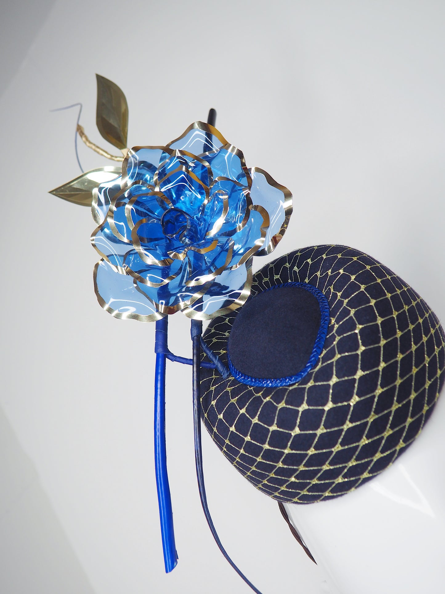 Royal Rose - Blue fur felt pork pie pillbox with Blue crystoform rose and touches of gold