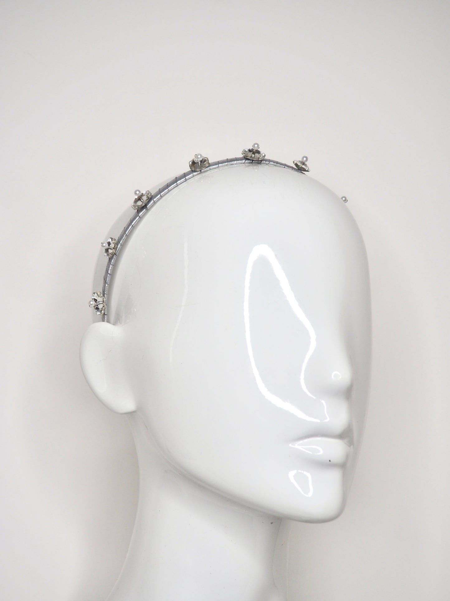 Little Blossom - silver - Mirrored blossom with pearl detail on silver leather headband