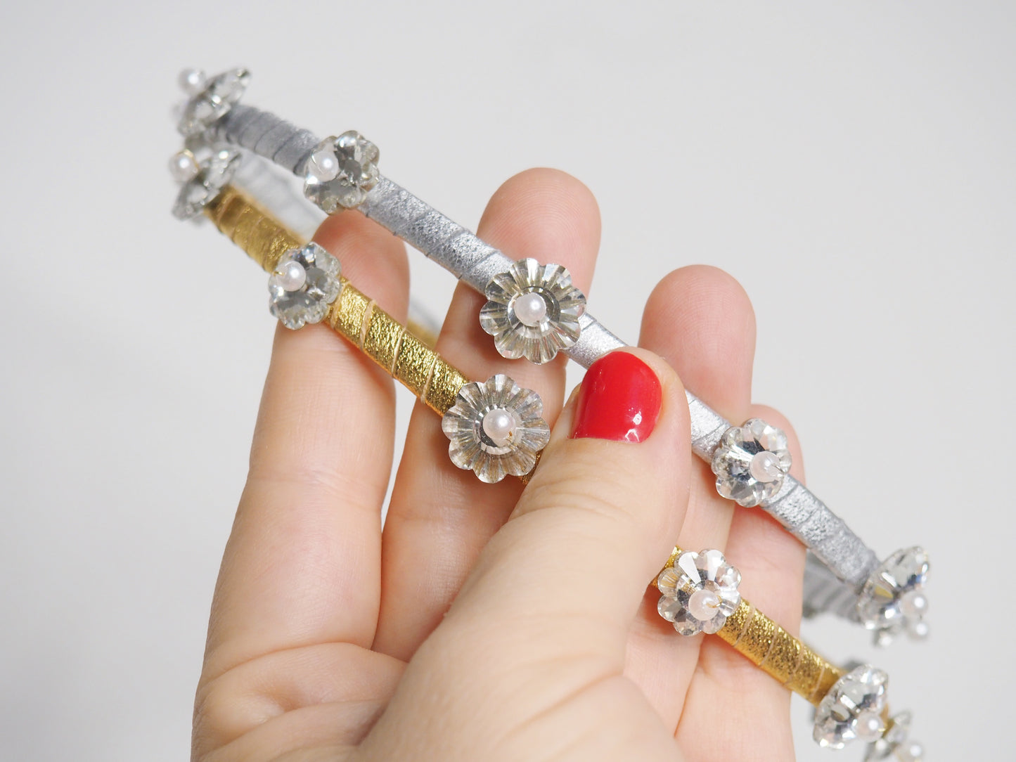 Little Blossom - silver - Mirrored blossom with pearl detail on silver leather headband