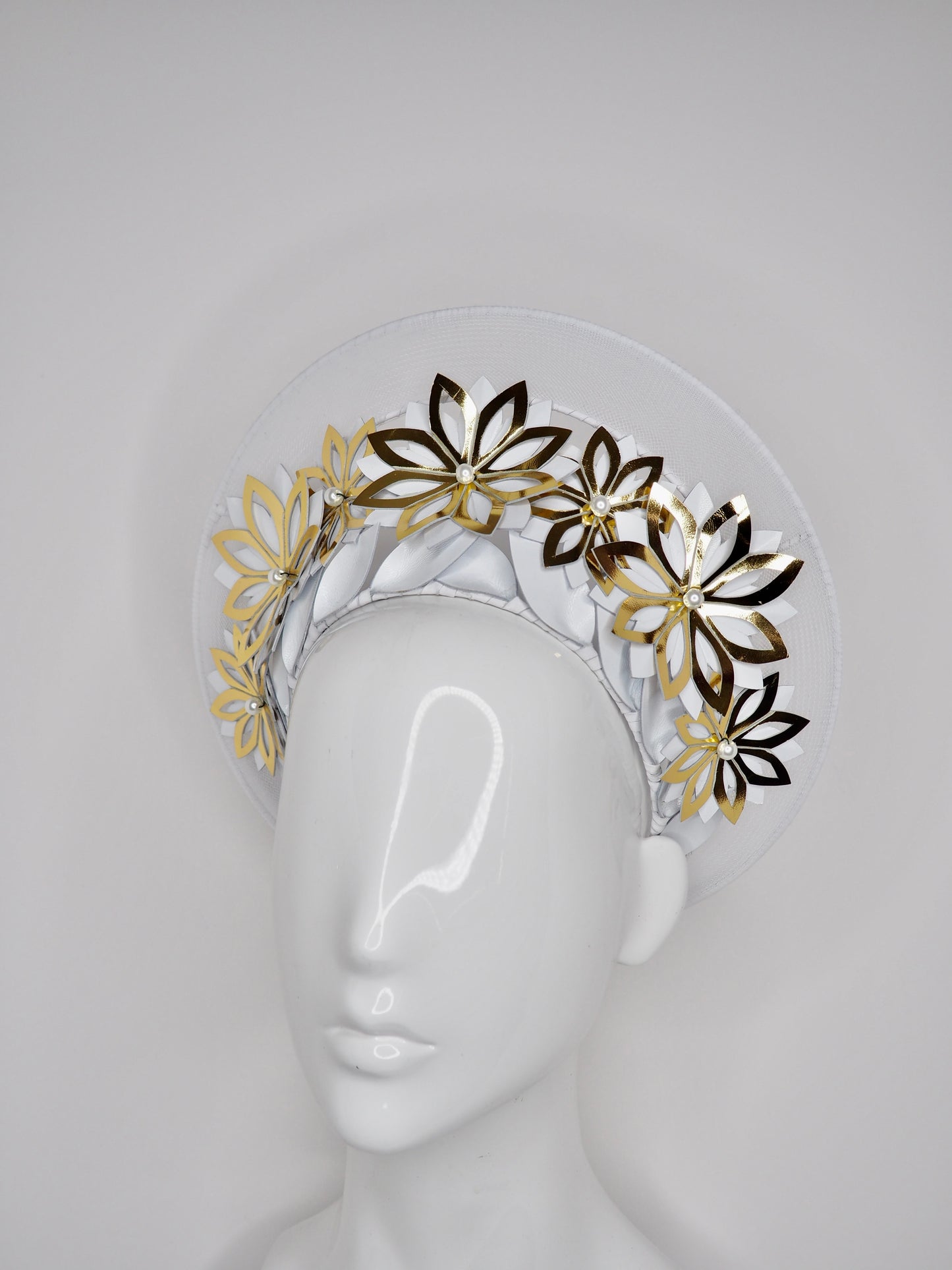 Hello Halo - Gold gloss leather cutout flowers with wired crinoline halo and white details
