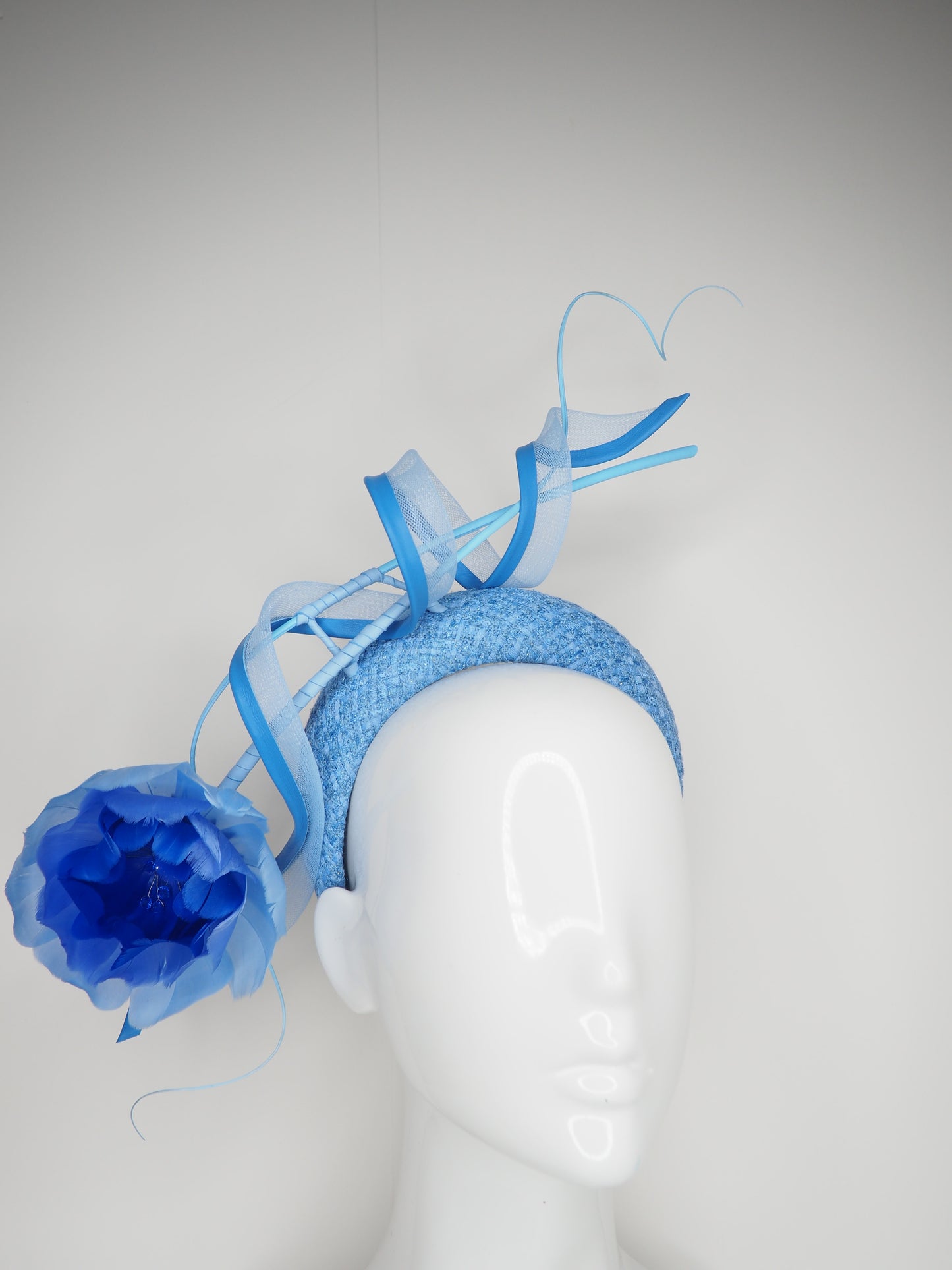 Blue Blue Sky - Cornflower Blue Hand Dyed Tweed with ombre rose, quills and a leather edged crinoline swirl