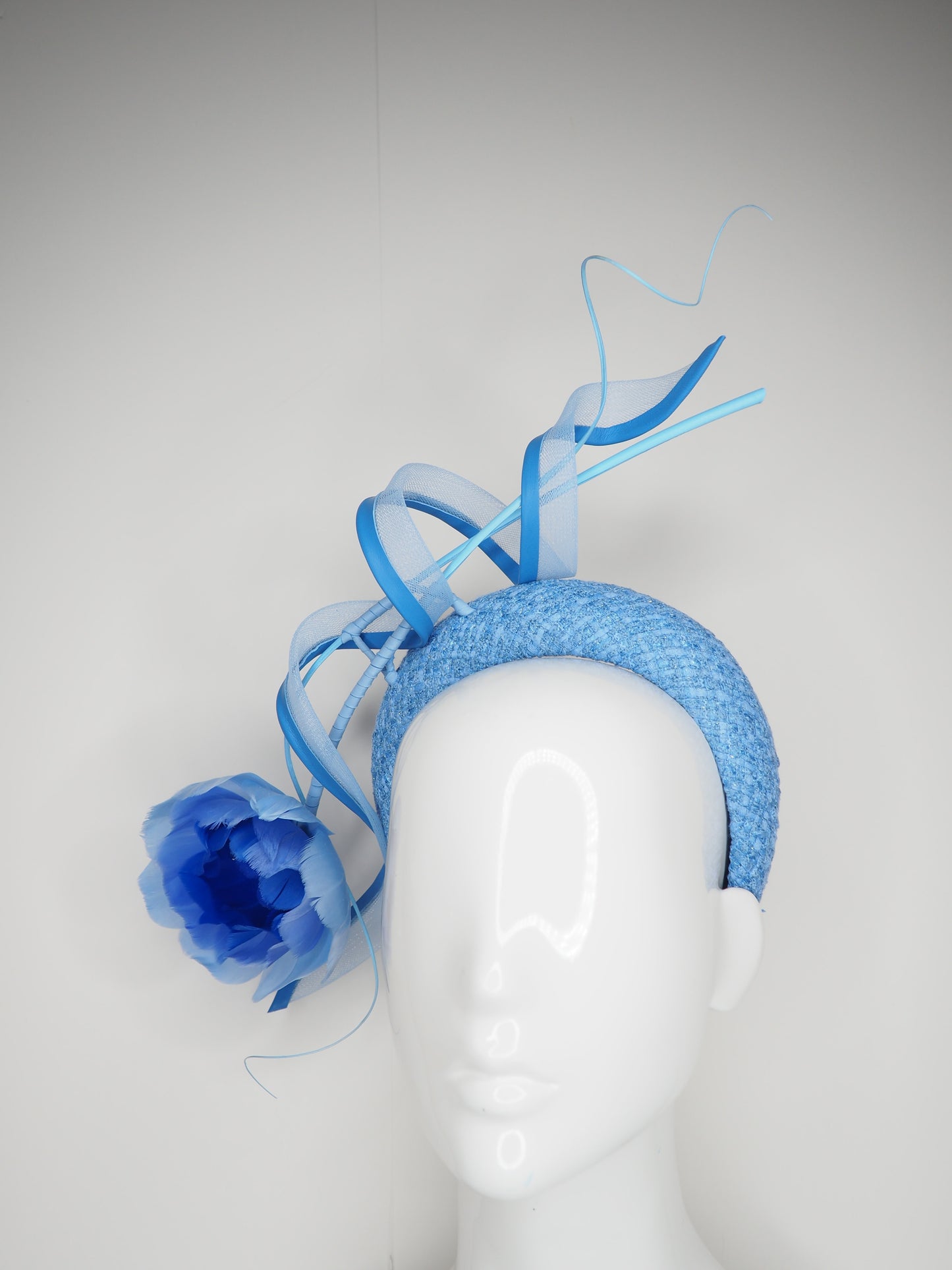 Blue Blue Sky - Cornflower Blue Hand Dyed Tweed with ombre rose, quills and a leather edged crinoline swirl