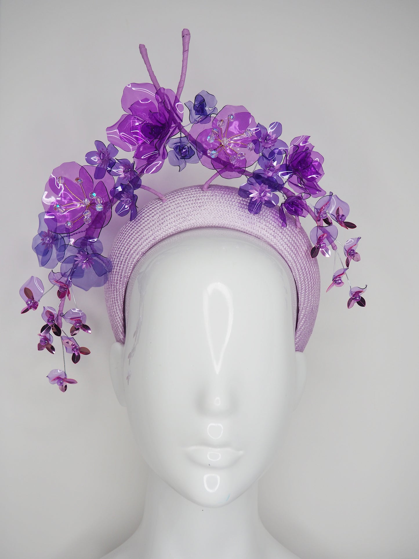Pretty in Purple - Pastel lilac Parisissal straw 3d headband with cascading blossoms in shades of purple