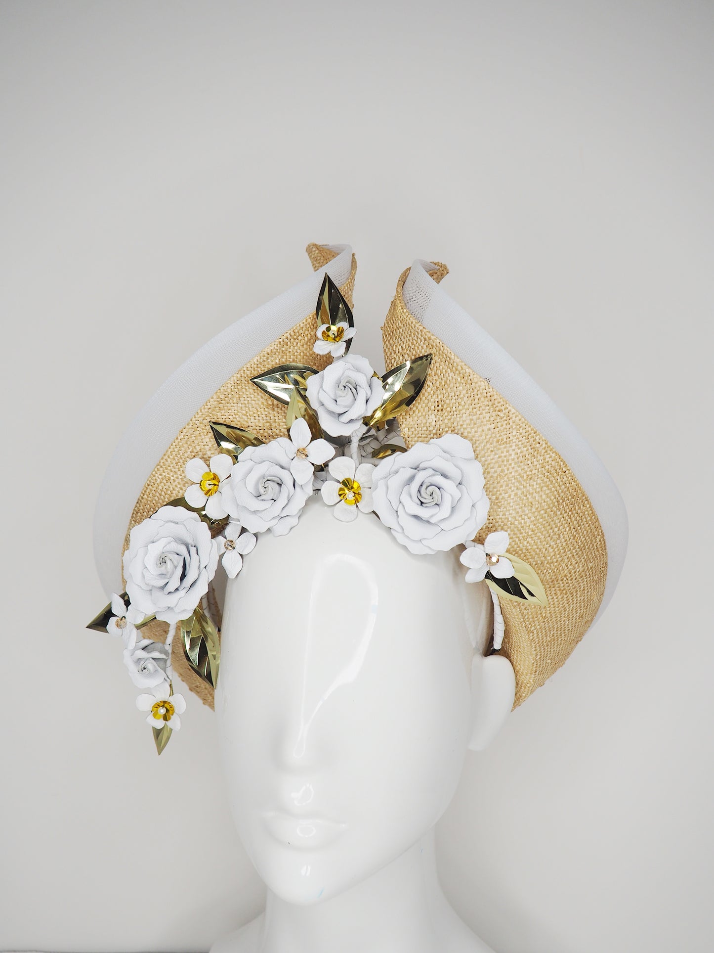While the sun shines - Knotted Natural straw with white leather flowers, crinoline and touches of gold