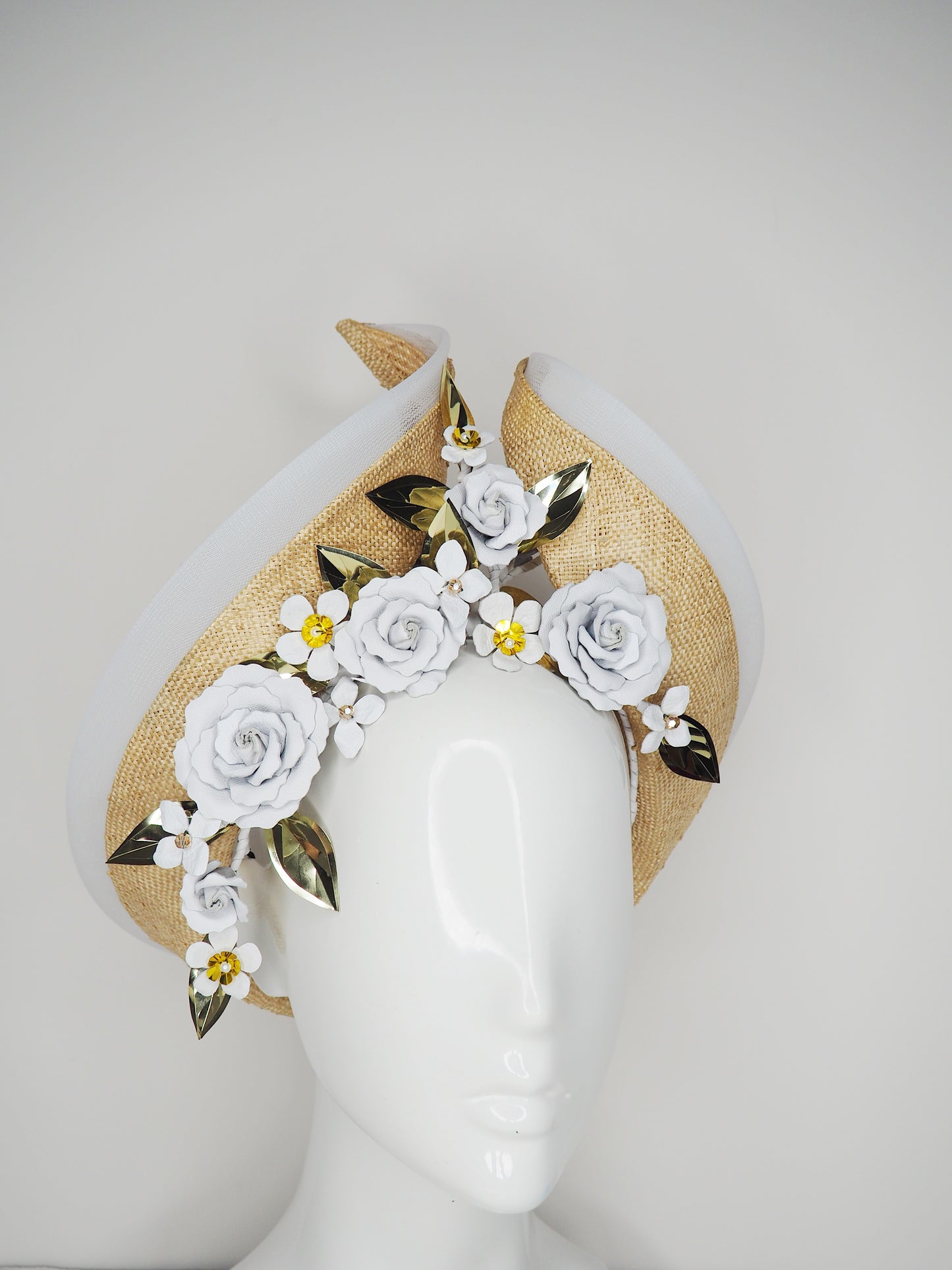 While the sun shines - Knotted Natural straw with white leather flowers, crinoline and touches of gold