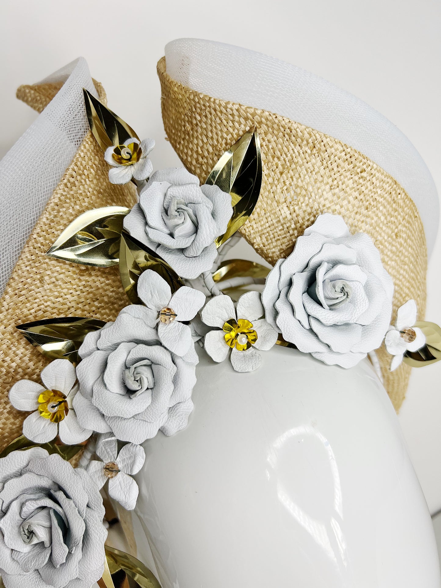 While the sun shines - Knotted Natural straw with white leather flowers, crinoline and touches of gold