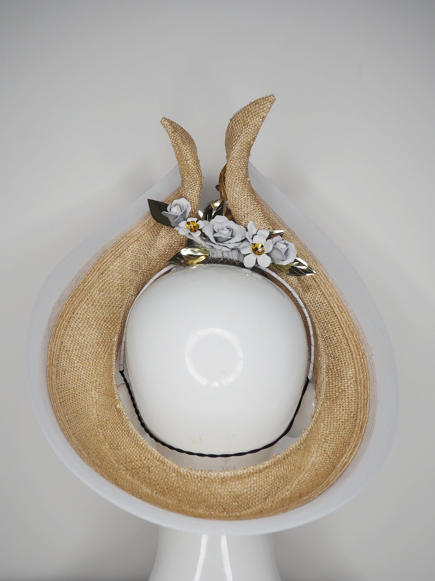 While the sun shines - Knotted Natural straw with white leather flowers, crinoline and touches of gold
