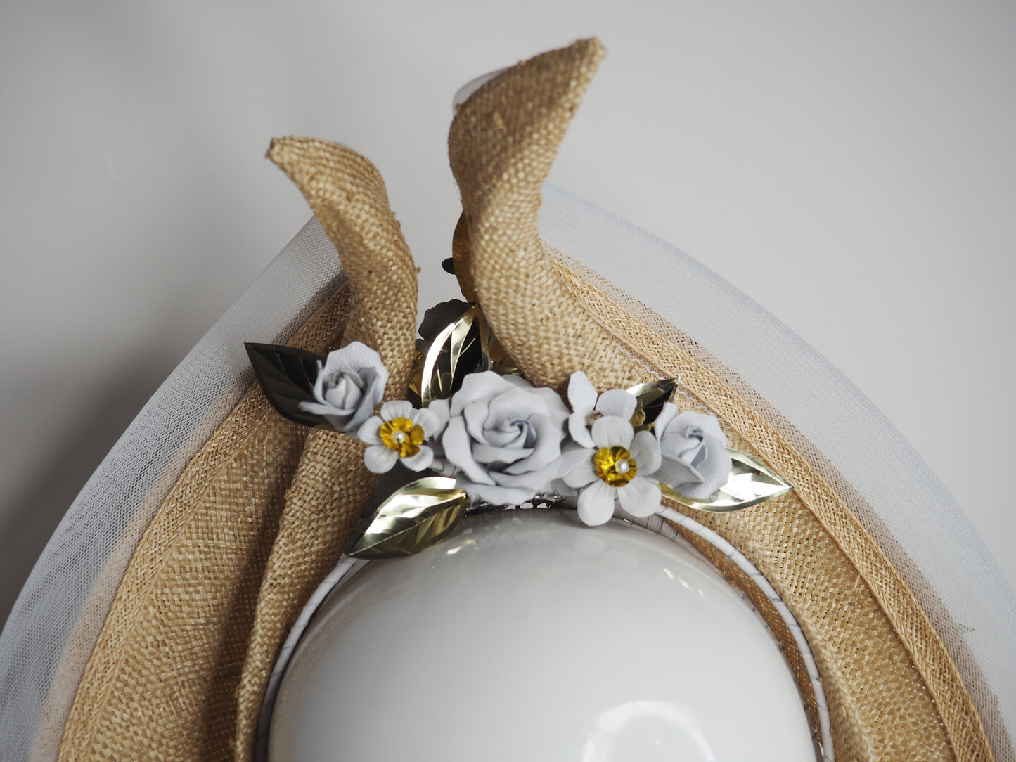 While the sun shines - Knotted Natural straw with white leather flowers, crinoline and touches of gold