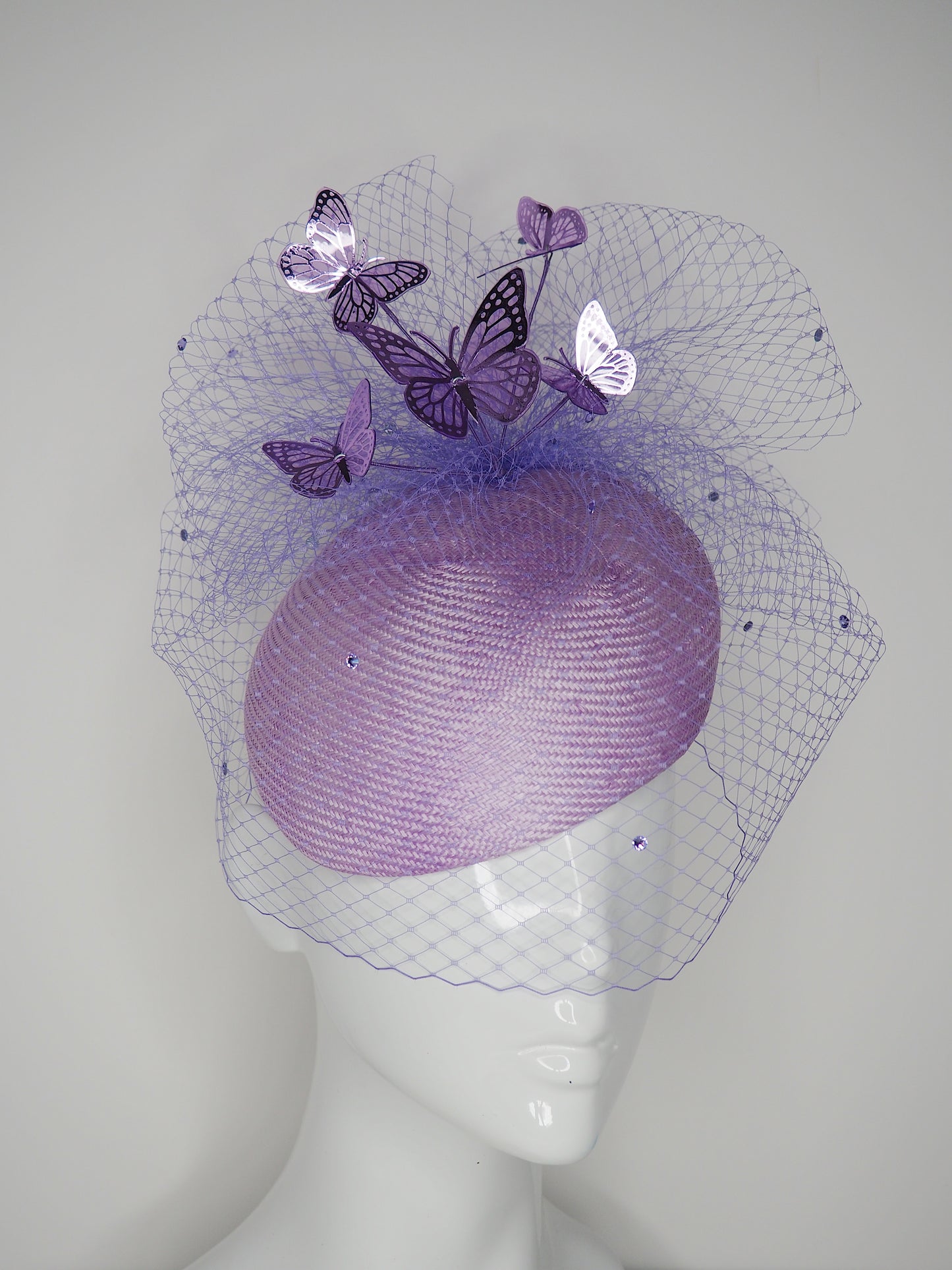 Flutter by Butter fly - Lavender purple Parisisal Straw Face-hugger with lilac butterflies and Diamanté veil