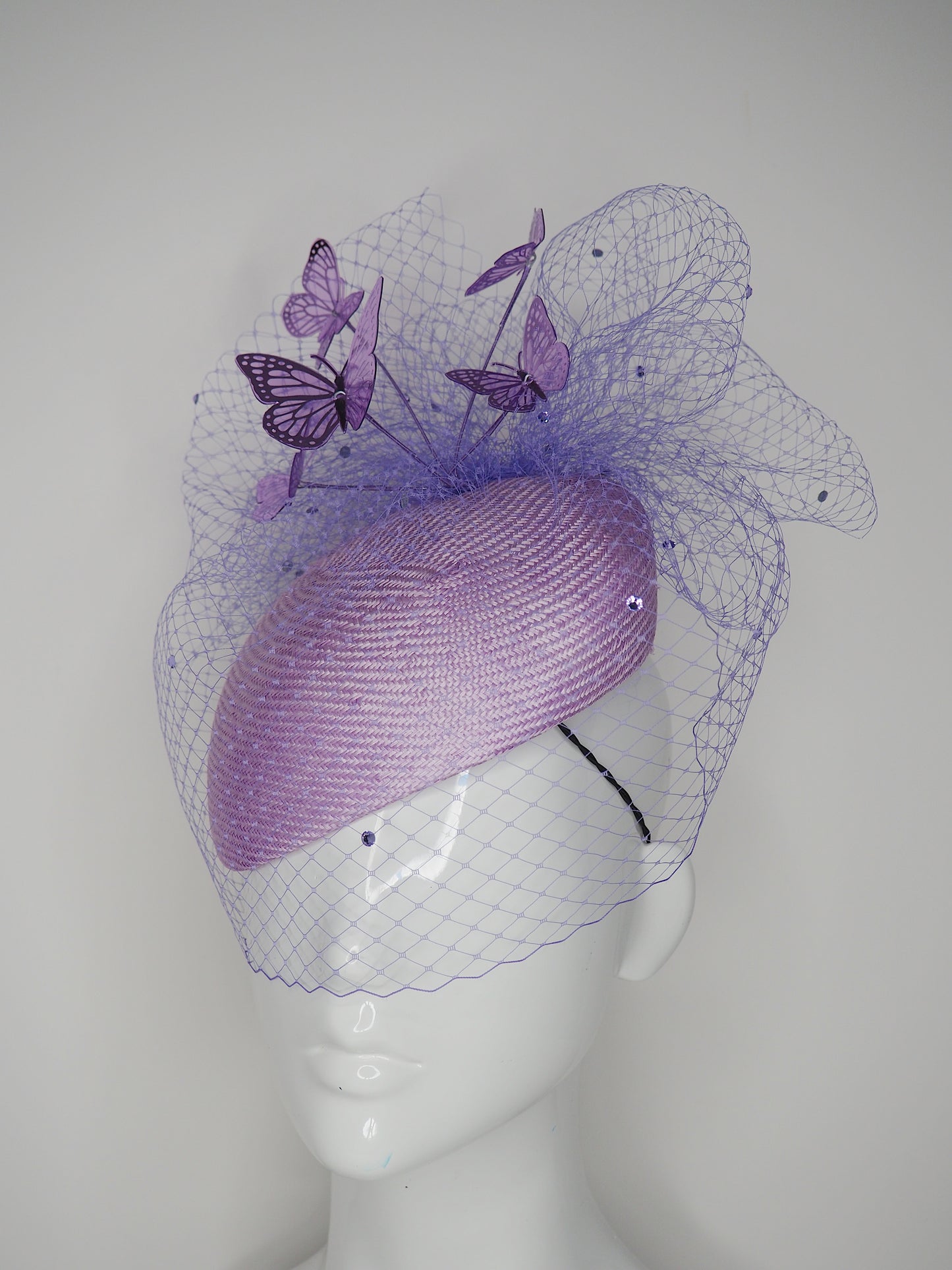 Flutter by Butter fly - Lavender purple Parisisal Straw Face-hugger with lilac butterflies and Diamanté veil