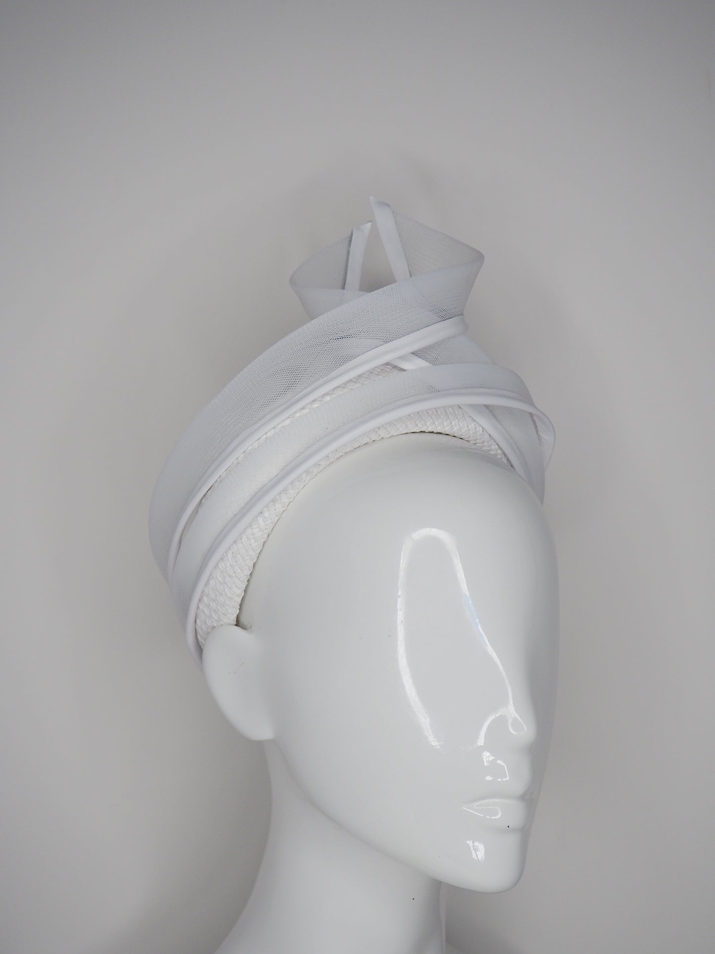 White Flame - White crinoline and leather swirl on a cotton and raffia blocked 3D headband