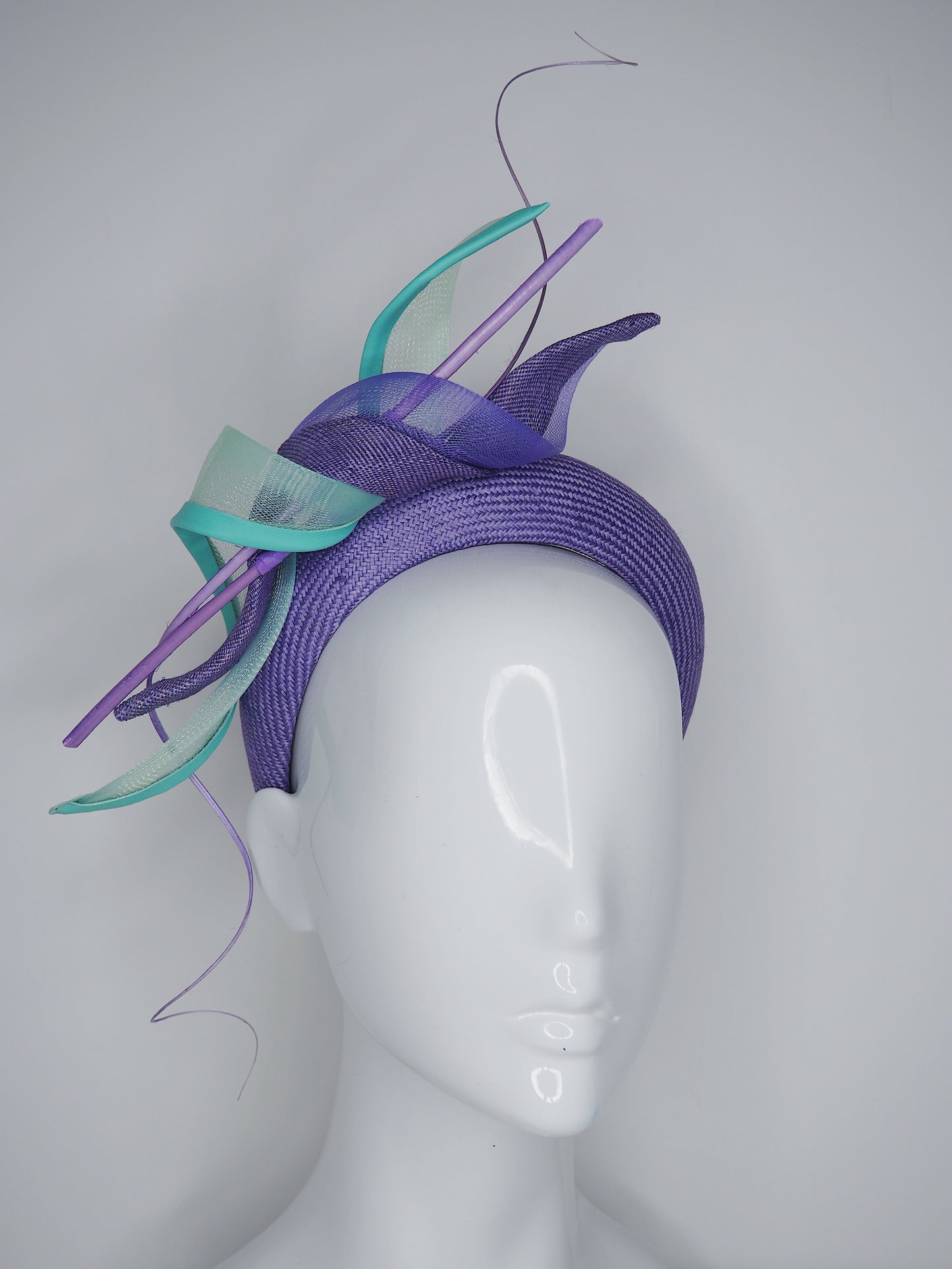 Mint Delight - Deep lilac Parisisal Straw 3d headband with swirls and quills
