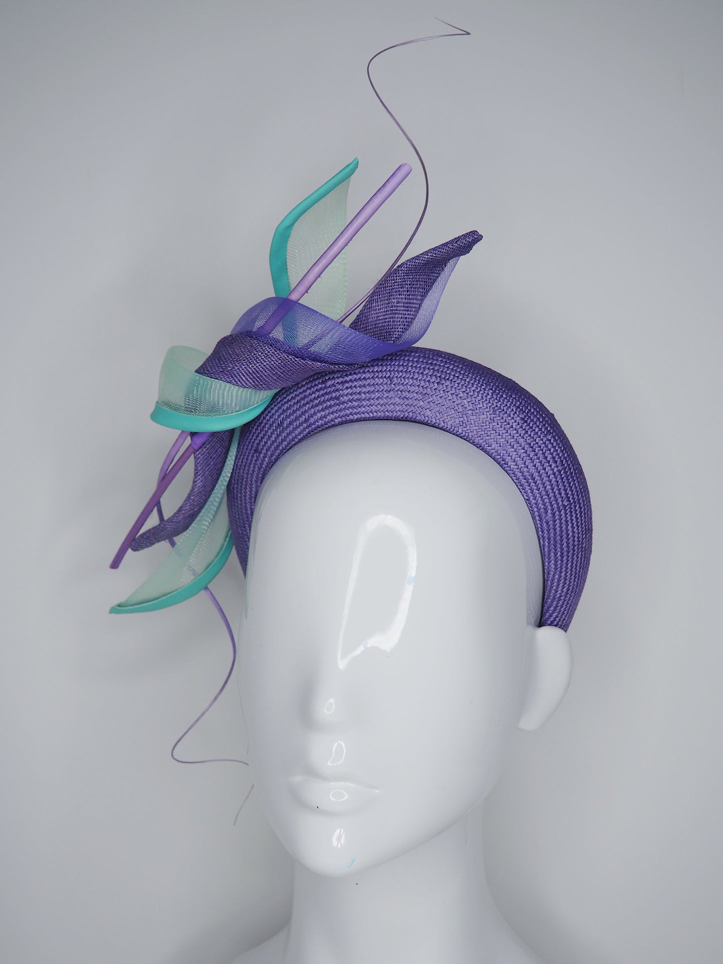 Mint Delight - Deep lilac Parisisal Straw 3d headband with swirls and quills