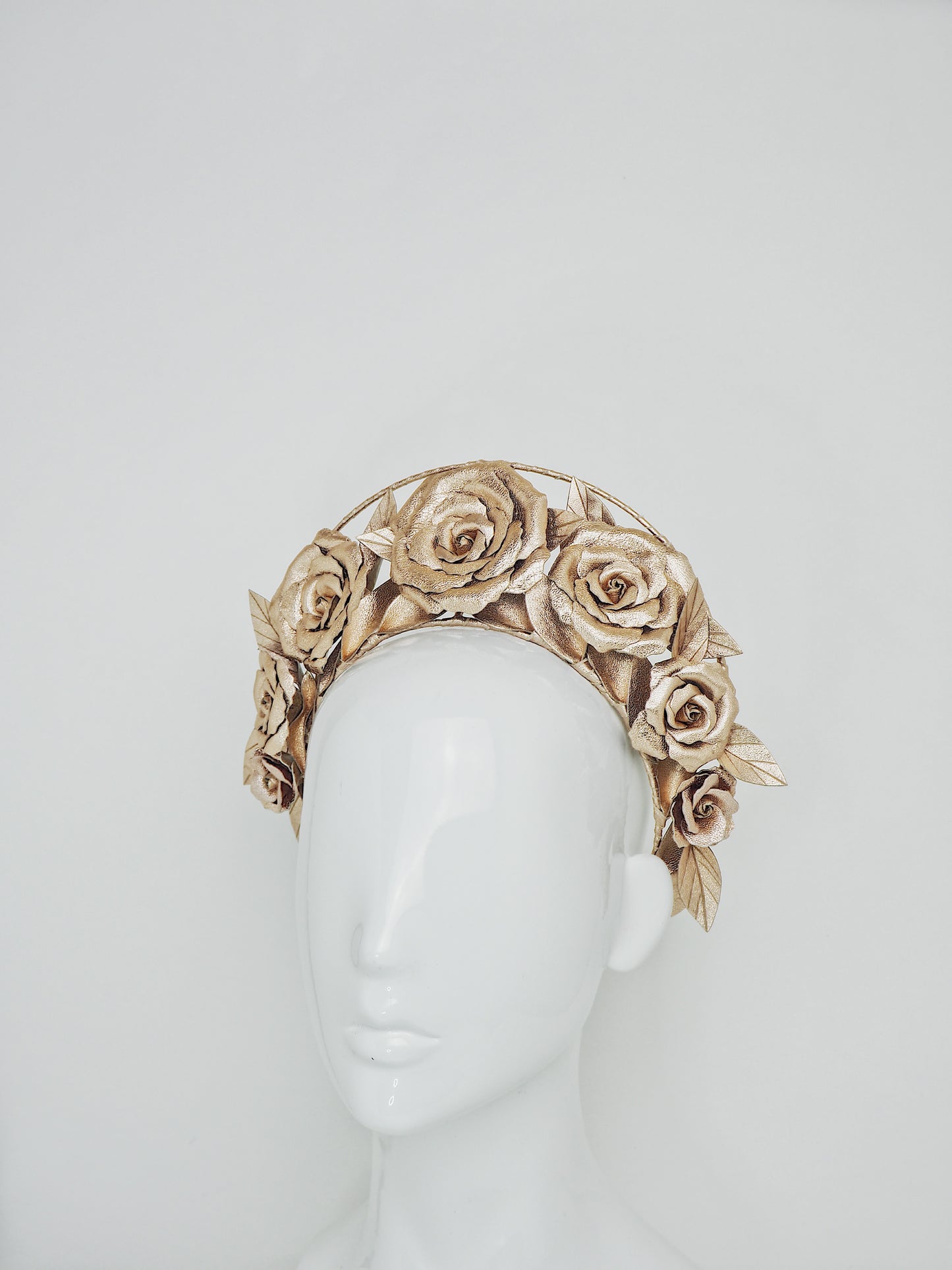 Garden of Eden - Rose gold leather rose halo with a single wire frame.