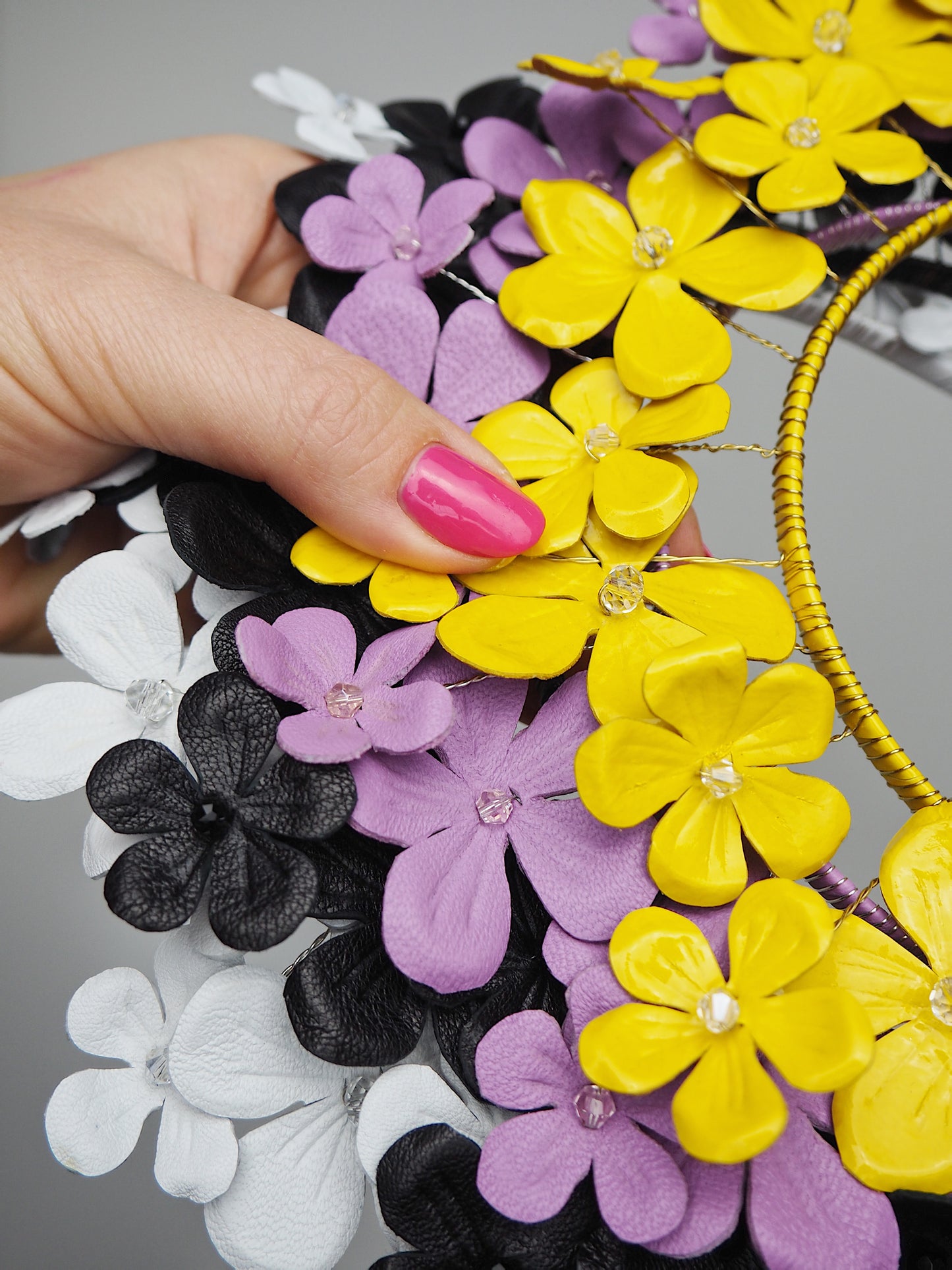 Fields of Flowers - Lavender Purple Leather flower Halo with beaded centres.