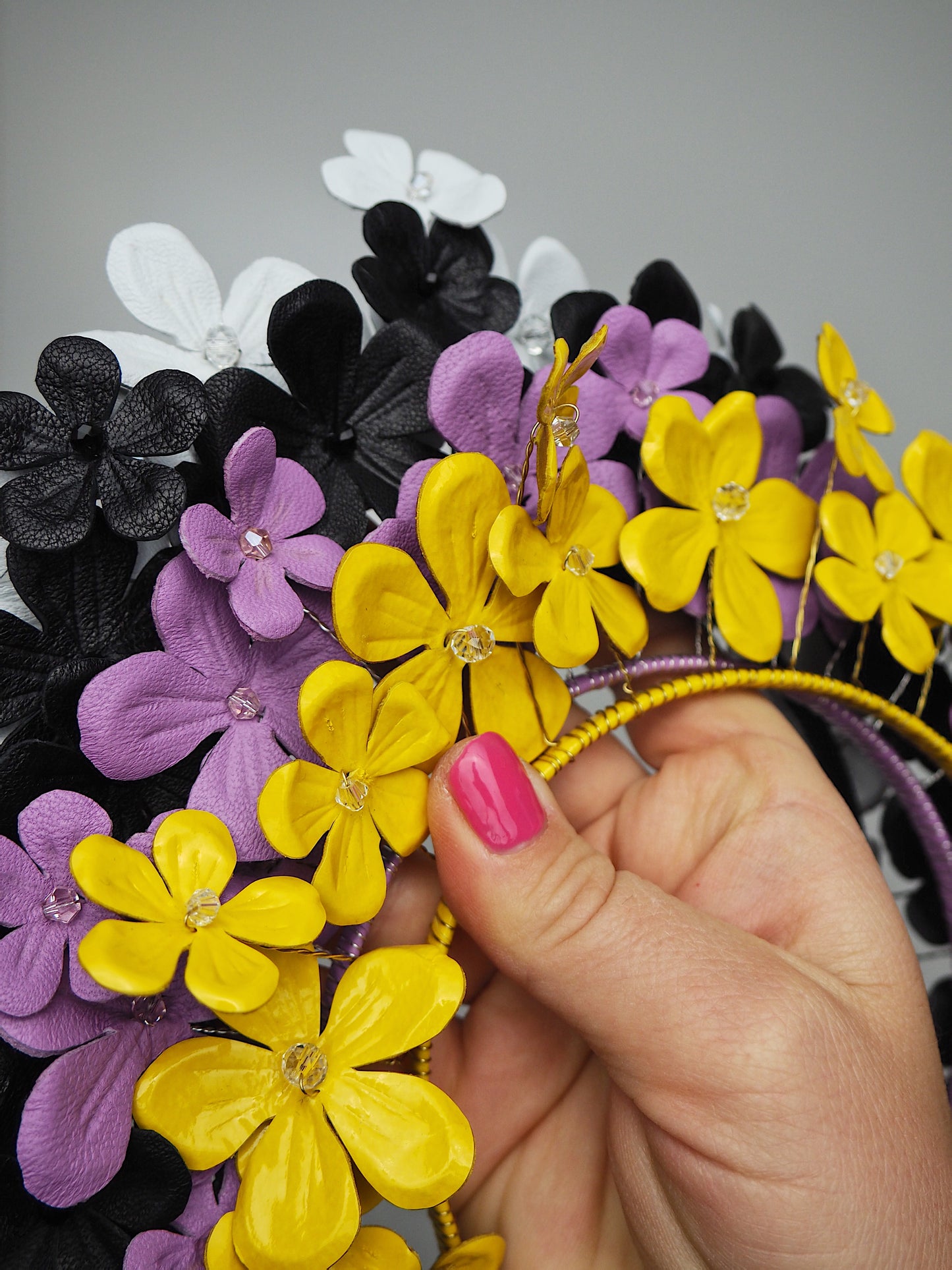 Fields of Flowers - Black Leather flower Halo with beaded centres.