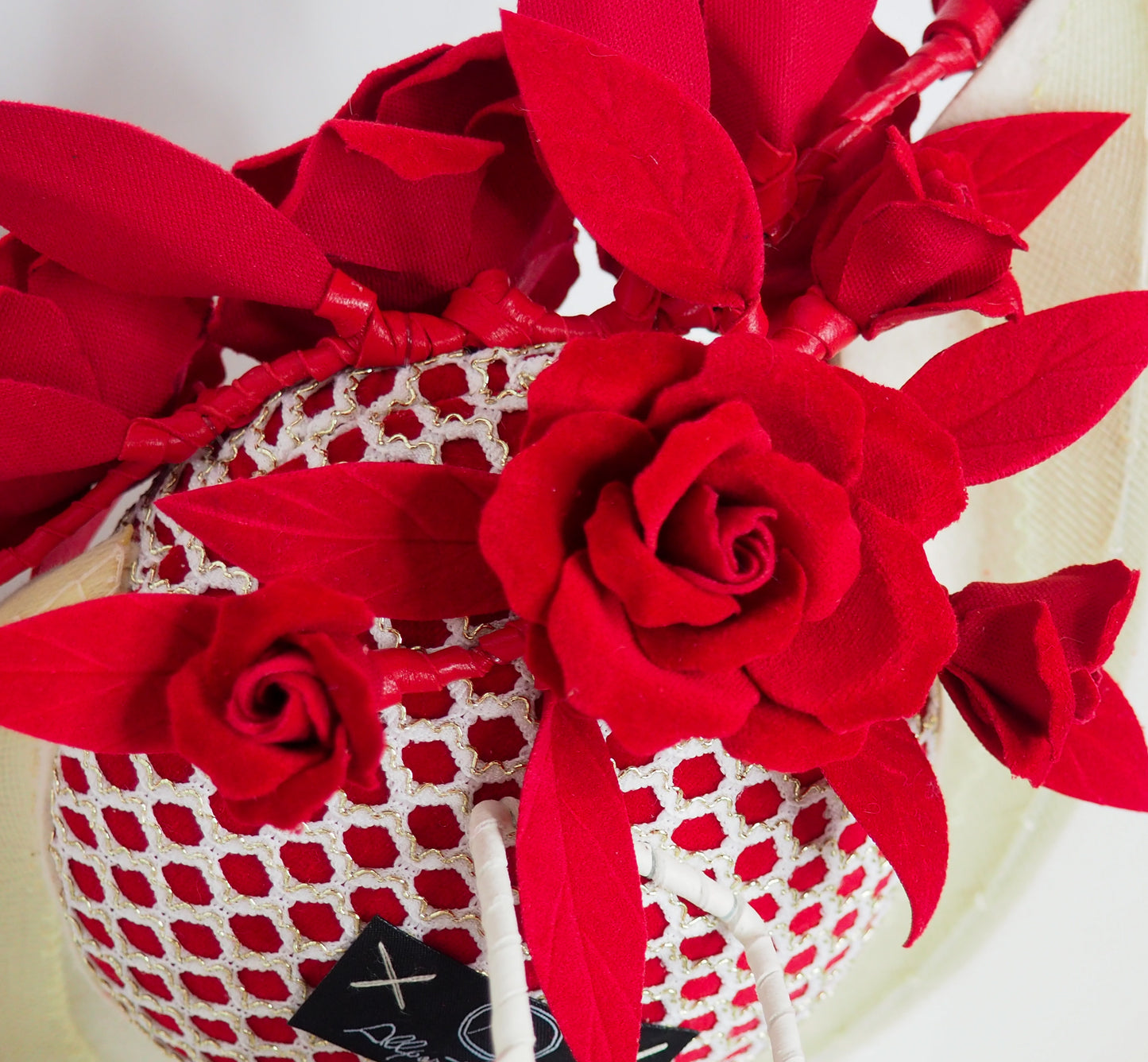 Walk my way- red velvet and off white percher worn a touch of gold.
