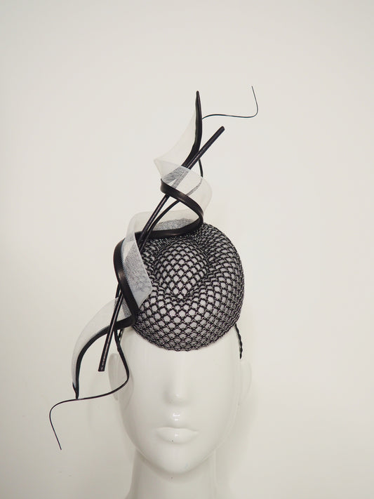 Derby Dare - Pork pie pillbox with black textured mesh, black and white crinoline swirl with quills