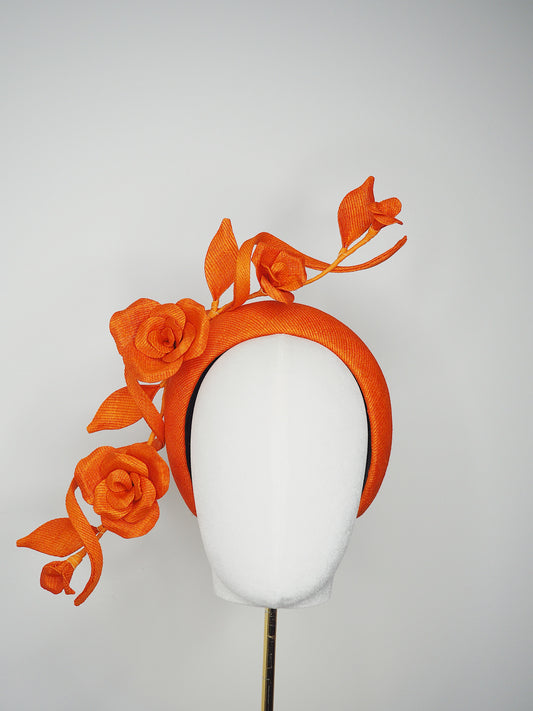 Tangerine Bloom - Orange 3D headband in Tinalak straw with sculptural orange swirl and hand-sculpted orange straw roses and buds