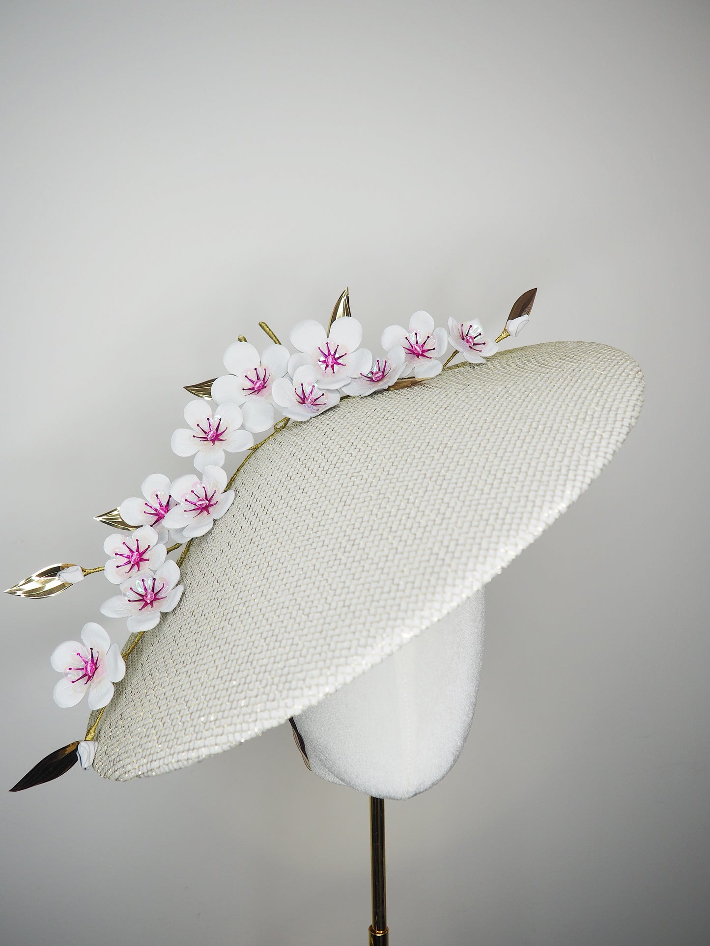 Cherry blossom  - Pale gold and white Coolie Brim with cherry blossom branch and a touch of pink