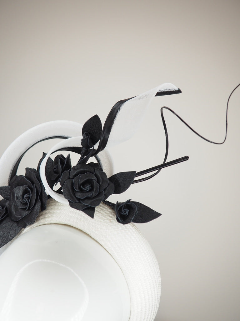 Ace of Spades - White parisisal 3D headband with leather edged crinoline swirl ,black leather flower vine and quill embellishment