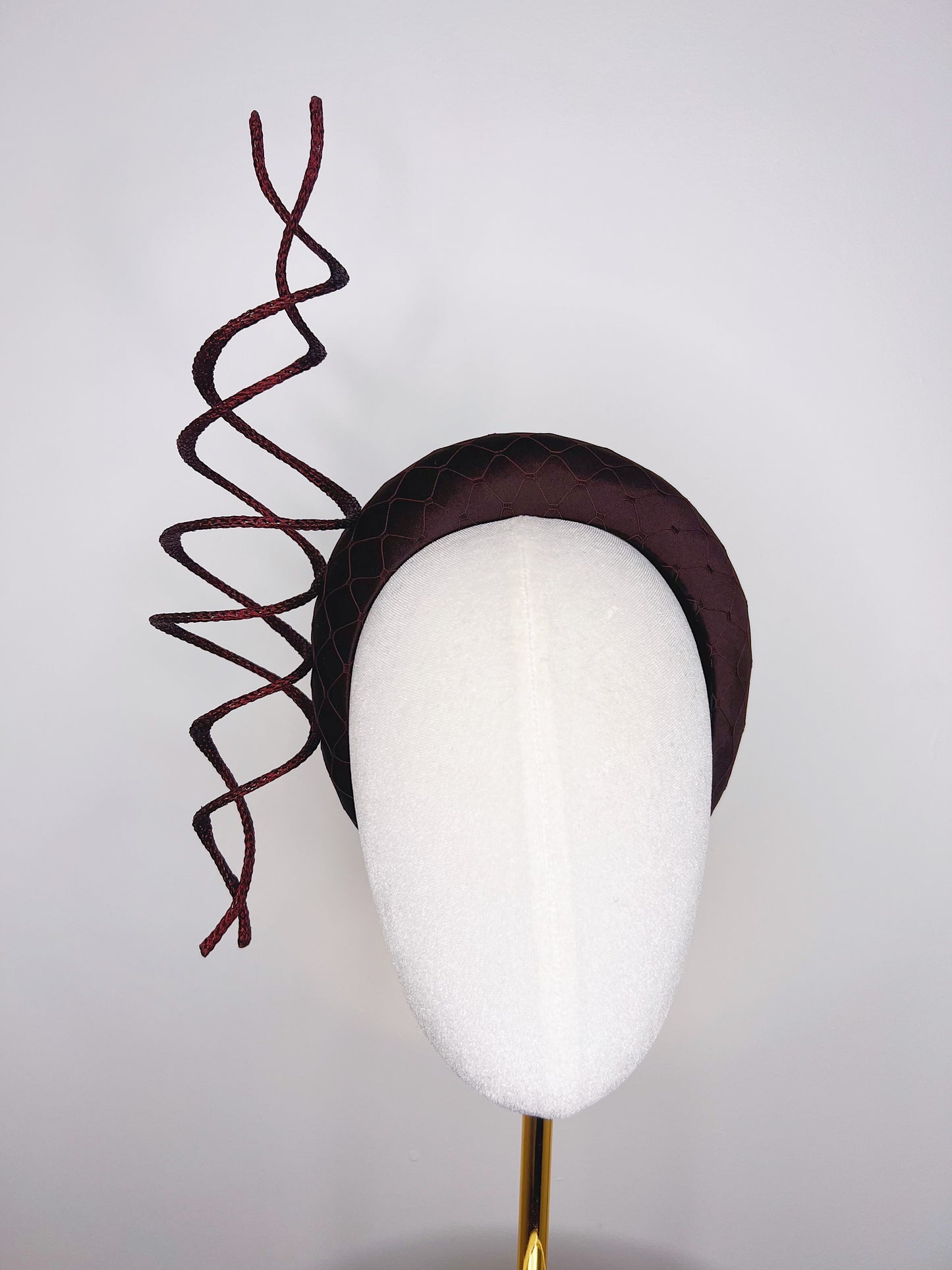 Chocolate swirl - Chocolate silk satin 3d headband with wired swirl and veil detail