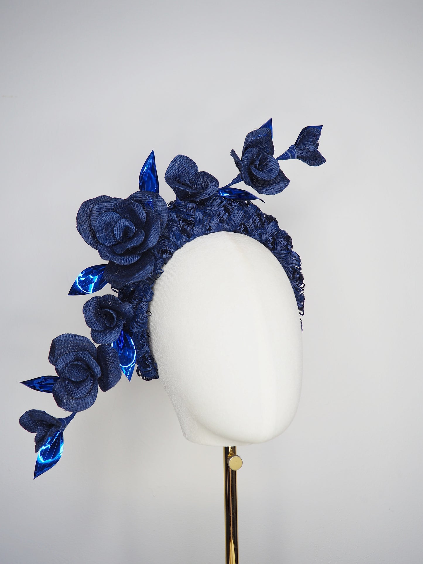 Navy Rose - Navy vintage  textured headband cascading with sculptural wired roses.