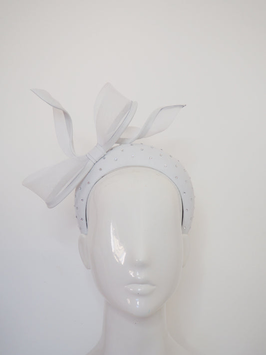 Little Bow Peep  -White Leather 3d headband with leather edged bow and crystal detail