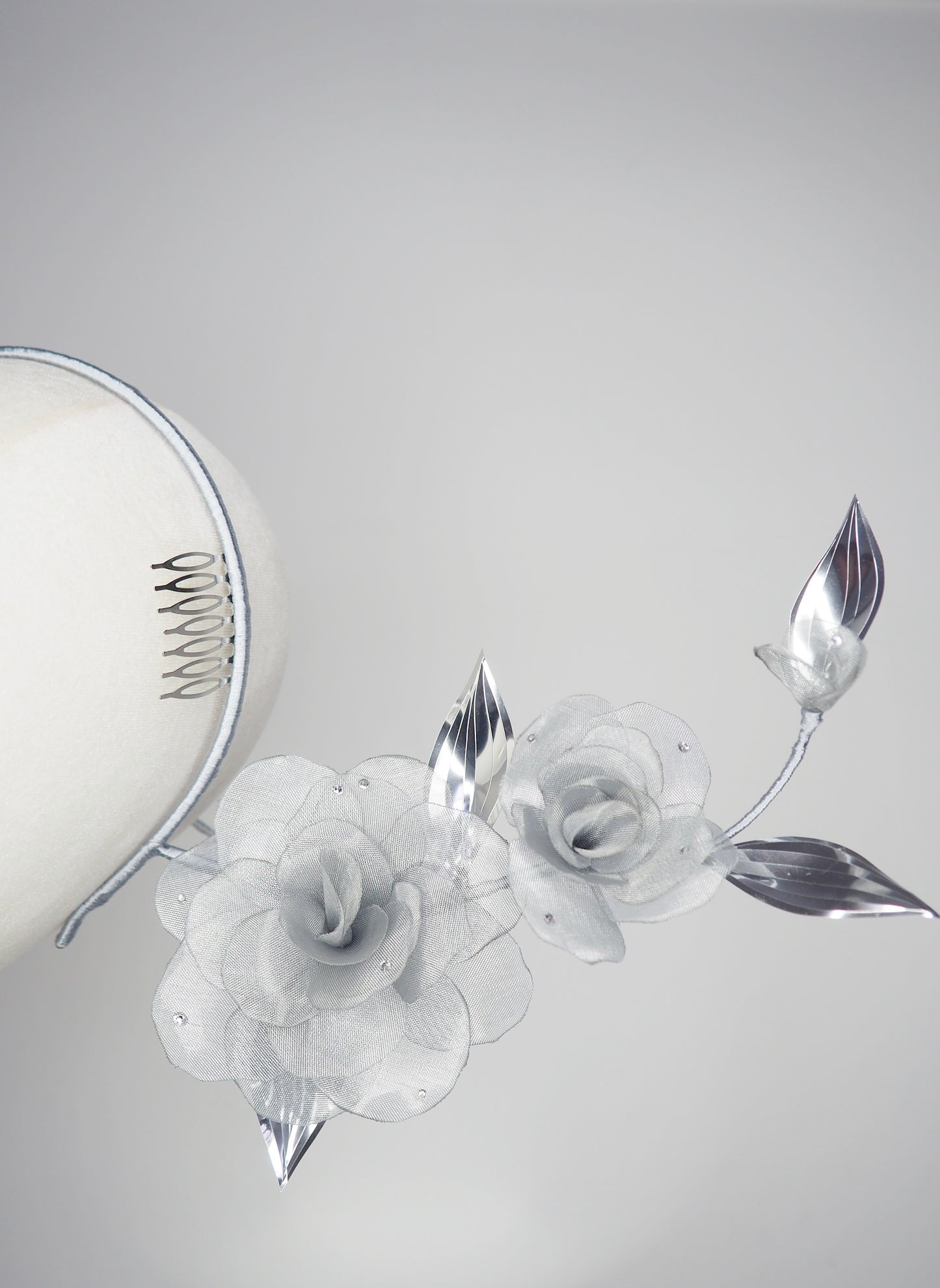 Dewdrops on Roses - Couture wraparound headpiece of sculptural silver roses sparkling with crystal dewdrops.