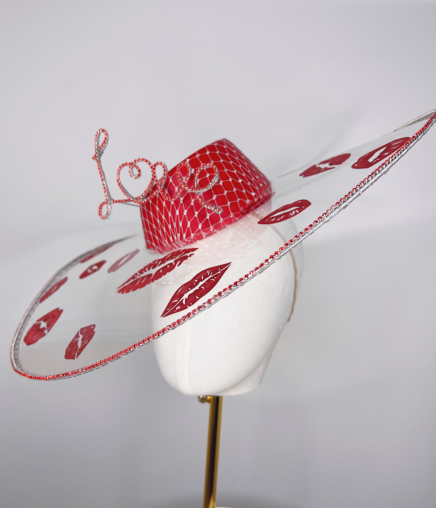 All you need is Love...And Kisses - Asymetric crystoform hat in red and Silver