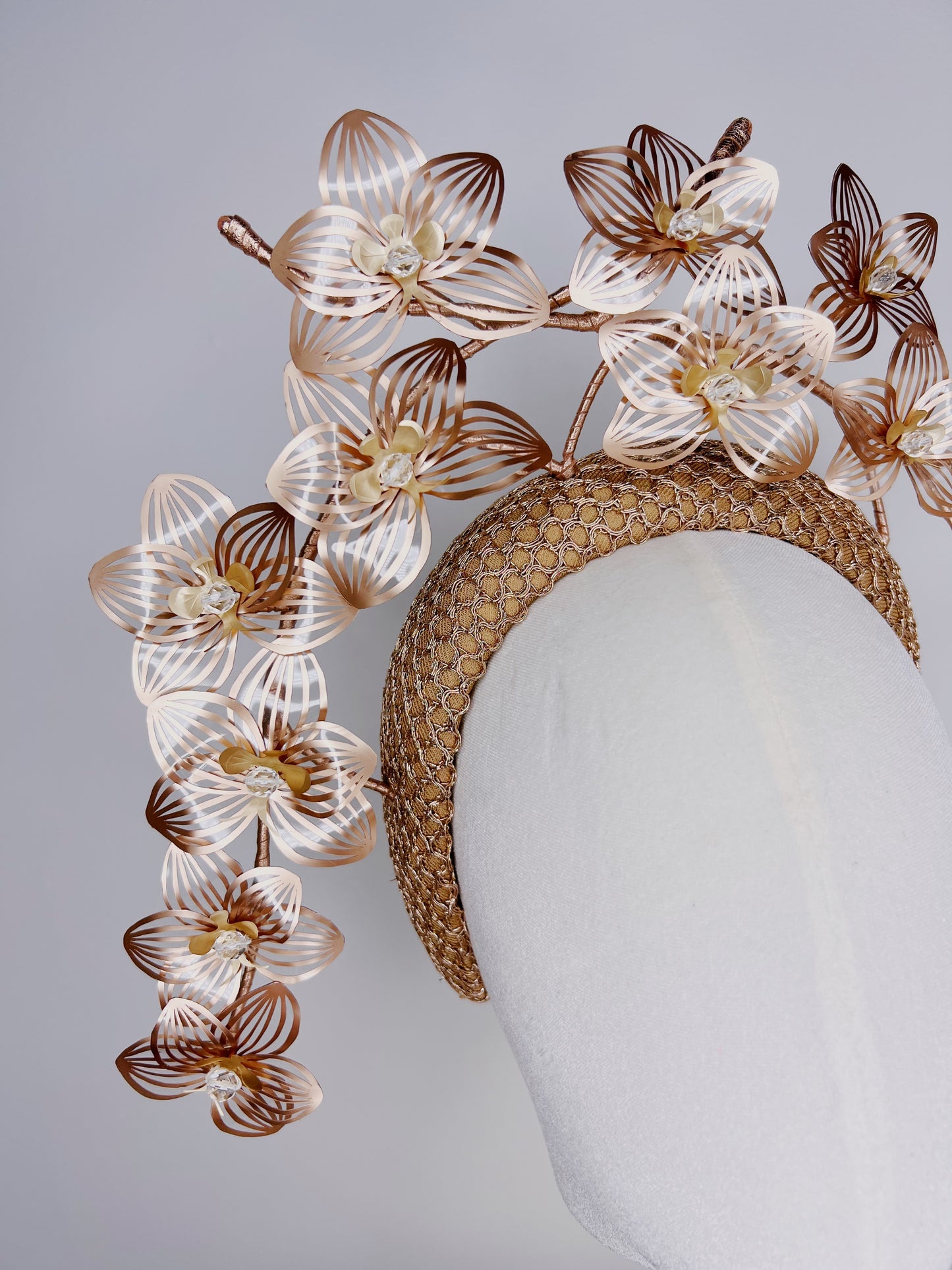 Rose Gold Glory -  Rose gold and gold 3d headband with crystoform orchid cascade