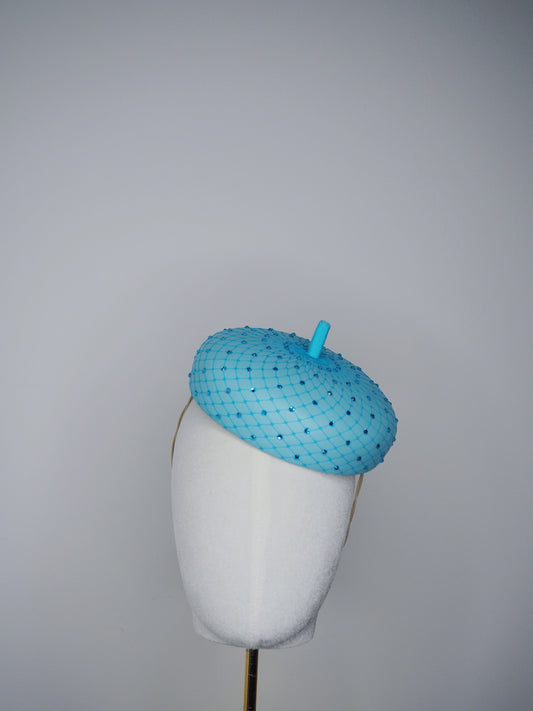 Glitz and glam - Leather button beret with crystals - Aquamarine