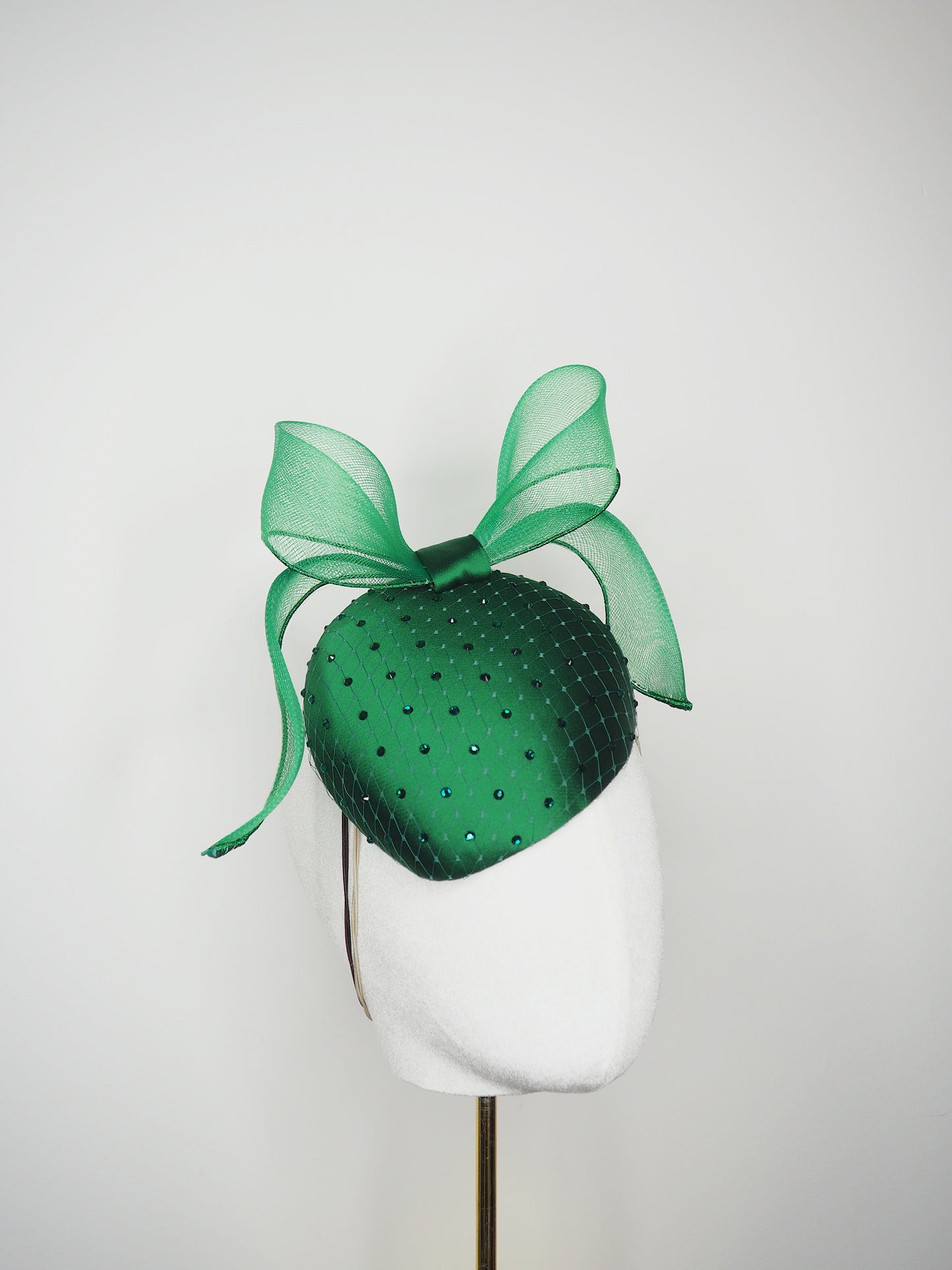 Windswept Miss Emerald -emerald fabric petite tear drop beret with embellished veiling detail and windswept crinoline (Copy)
