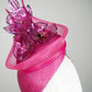 Berry Burst -Magenta hand-dyed straw facehugger base with magenta metallic edged crystoform flowers and magenta crinoline swirl