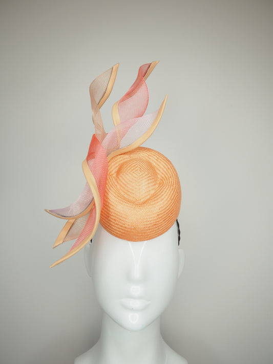 Just Peachy - Mandarin parisisal straw porky pie pillbox with leather edged crinoline swirls