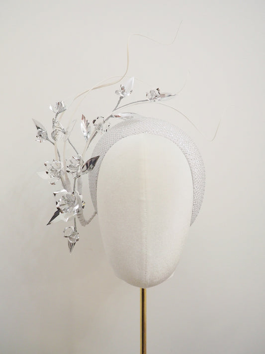 Where the wind blows - Silver lurex 3d headband with floating quills and silver crystoform rose bud  vine