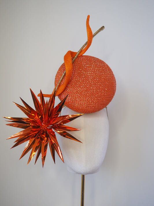 Solar Spark - Round gold and orange percher with orange sequin film starburst and gold quill detail
