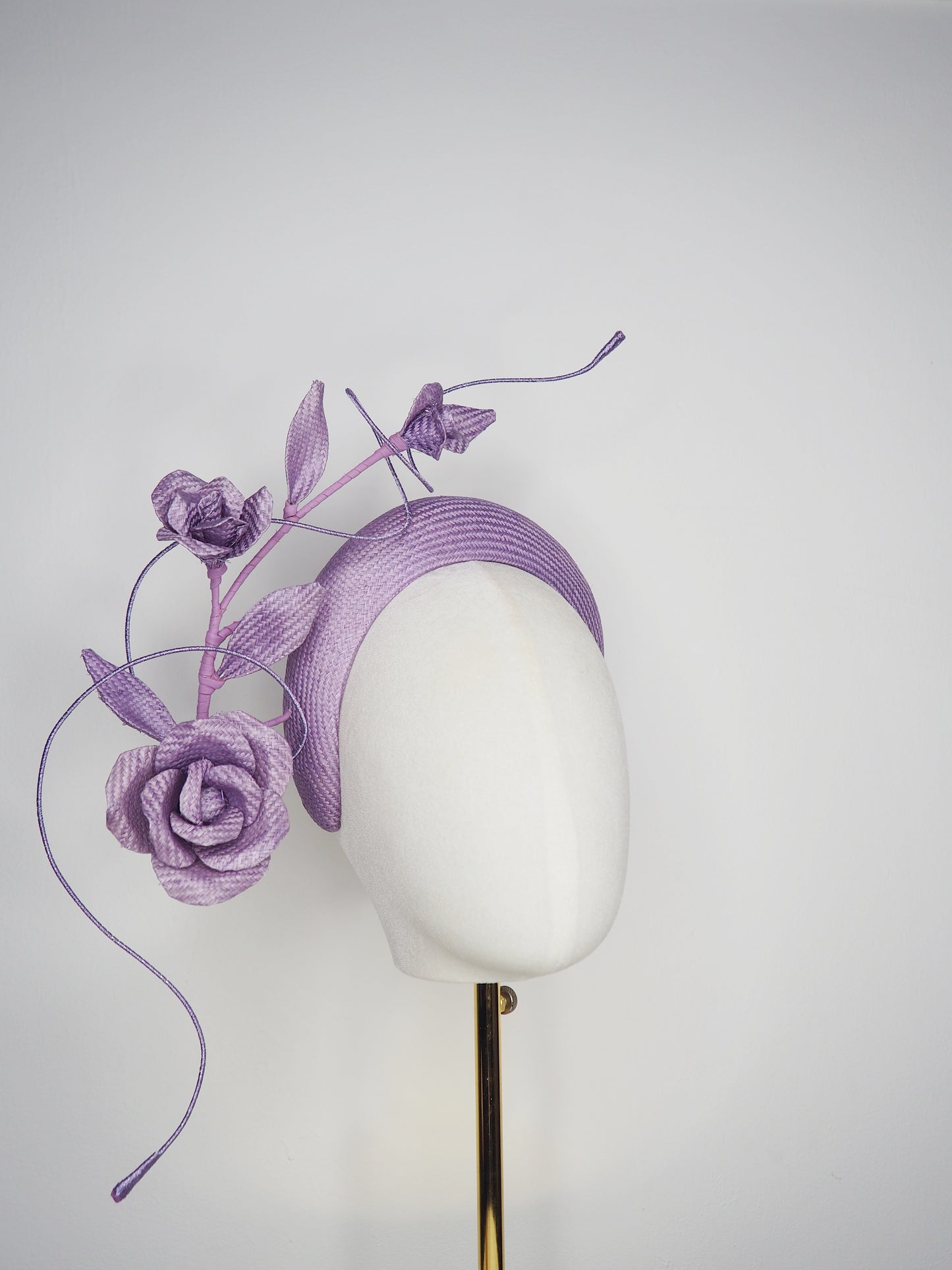 Lilac Bloom - A hand-dyed lilac headband blooming with sculptural roses and metallic swirls.