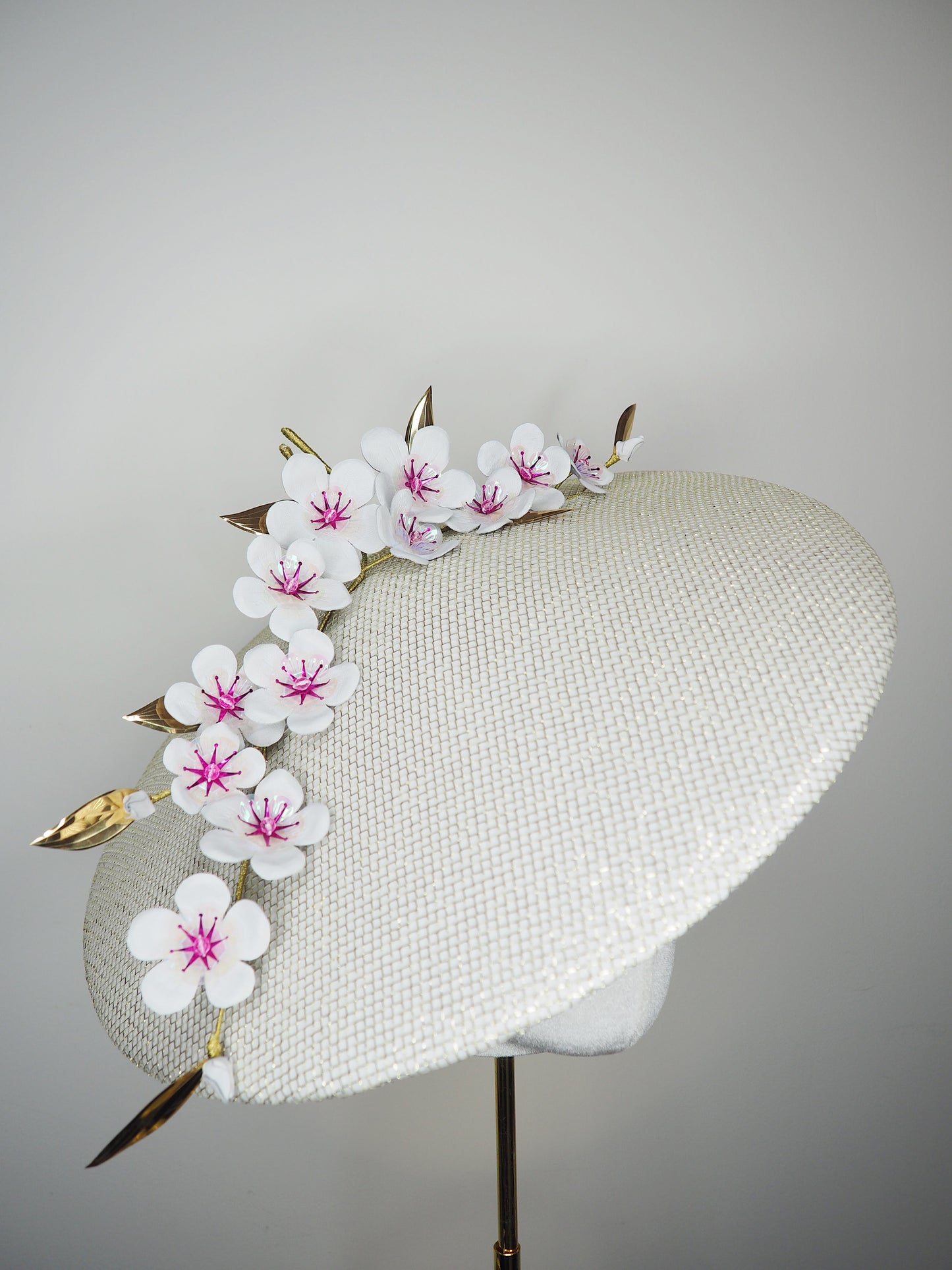 Cherry blossom  - Pale gold and white Coolie Brim with cherry blossom branch and a touch of pink