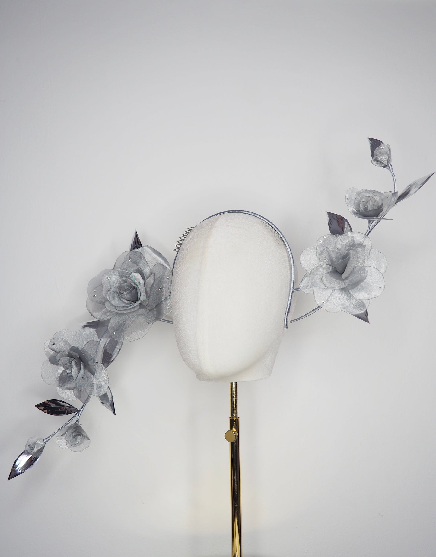 Dewdrops on Roses - Couture wraparound headpiece of sculptural silver roses sparkling with crystal dewdrops.
