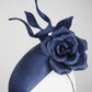 Ink in Bloom - ultra fine vintage Ink navy Blue straw headpiece with hand-sculpted rose and wired swirls